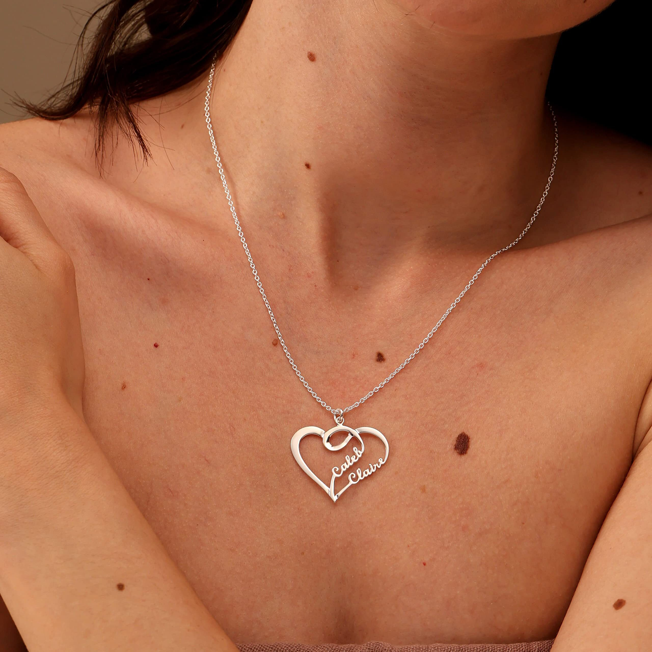 Personalised 925 Sterling Silver Name Necklace for Women | Customized 2 Name Double Heart Pendant for Girls | Custom Jewellery Gift for Wife, Anniversary, Wedding, Rakhi Gift for Sister
