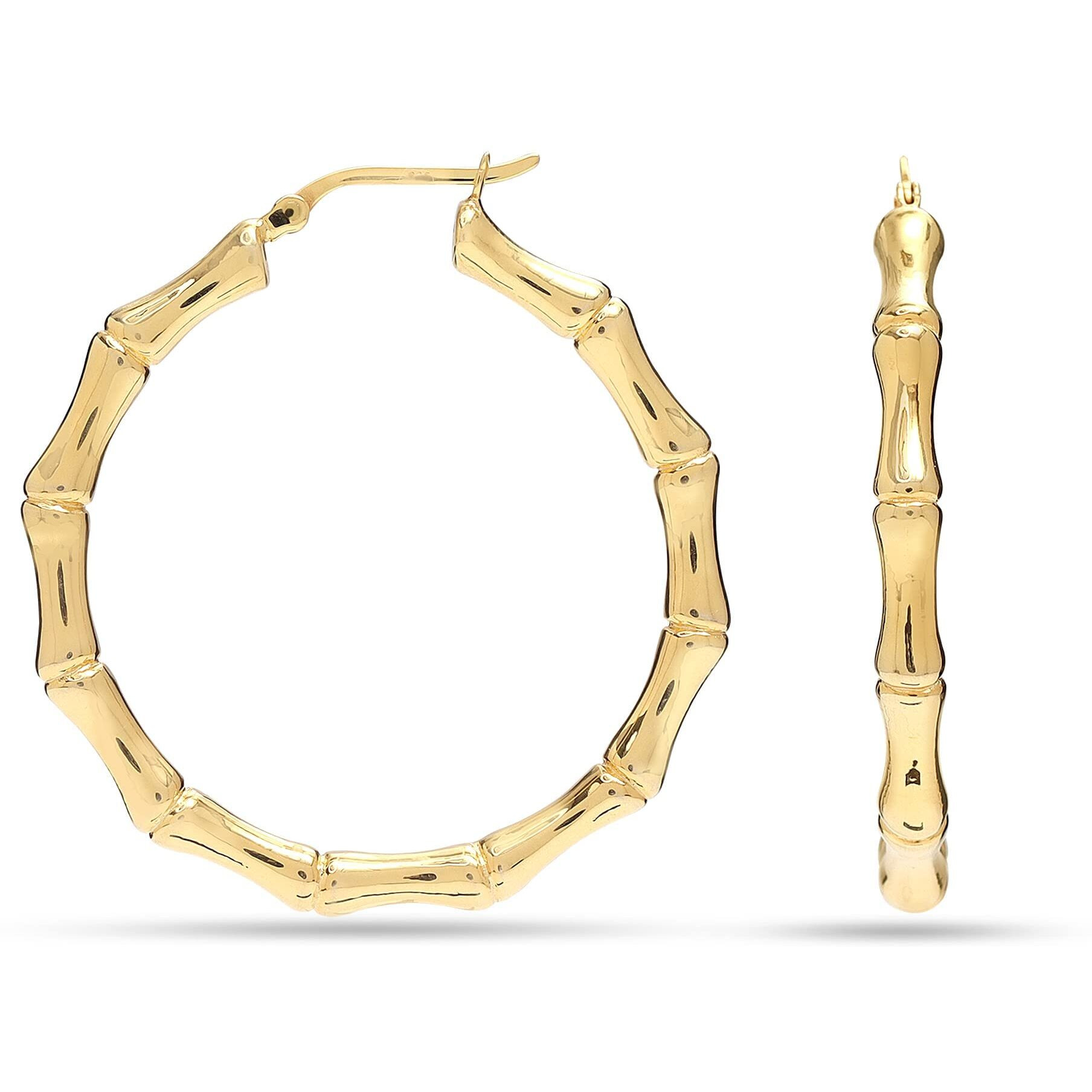 LeCalla 925 Sterling Silver BIS Hallmarked Gold Plated Click-Top Round Bamboo Large Hoop Earrings for Women and Girls 42MM | Rakhi Gift for Sister