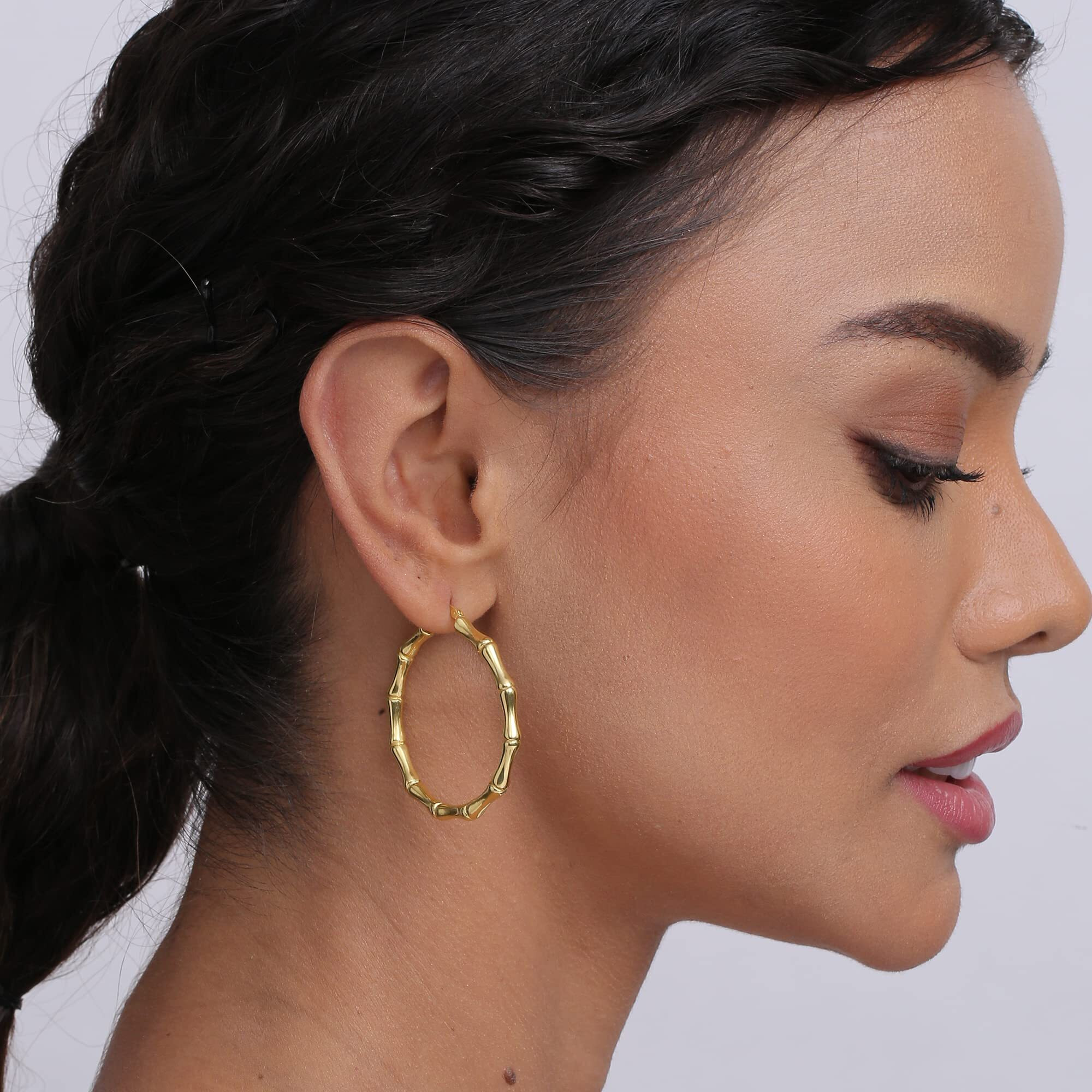 LeCalla 925 Sterling Silver BIS Hallmarked Gold Plated Click-Top Round Bamboo Large Hoop Earrings for Women and Girls 42MM | Rakhi Gift for Sister