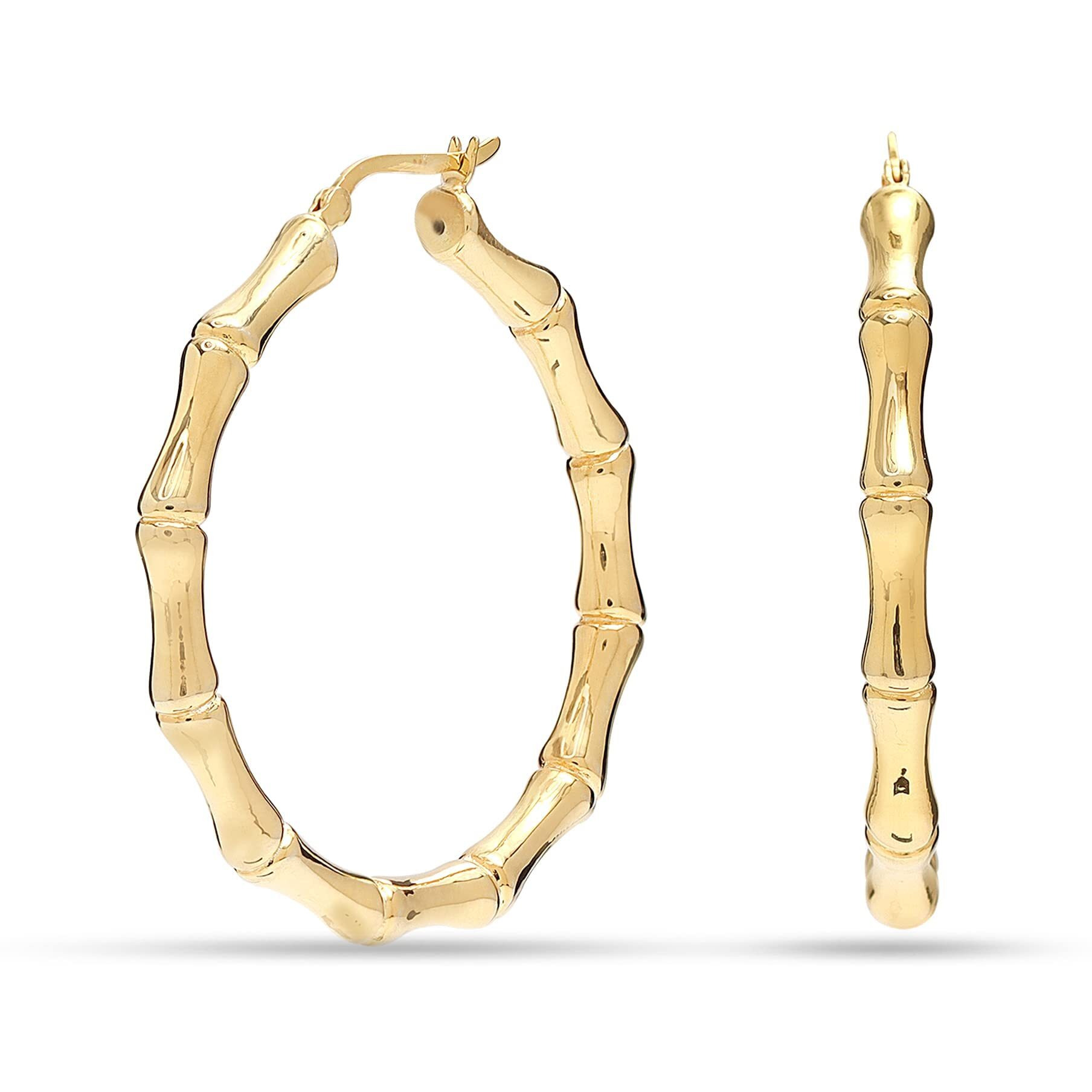 LeCalla 925 Sterling Silver BIS Hallmarked Gold Plated Click-Top Round Bamboo Large Hoop Earrings for Women and Girls 42MM | Rakhi Gift for Sister