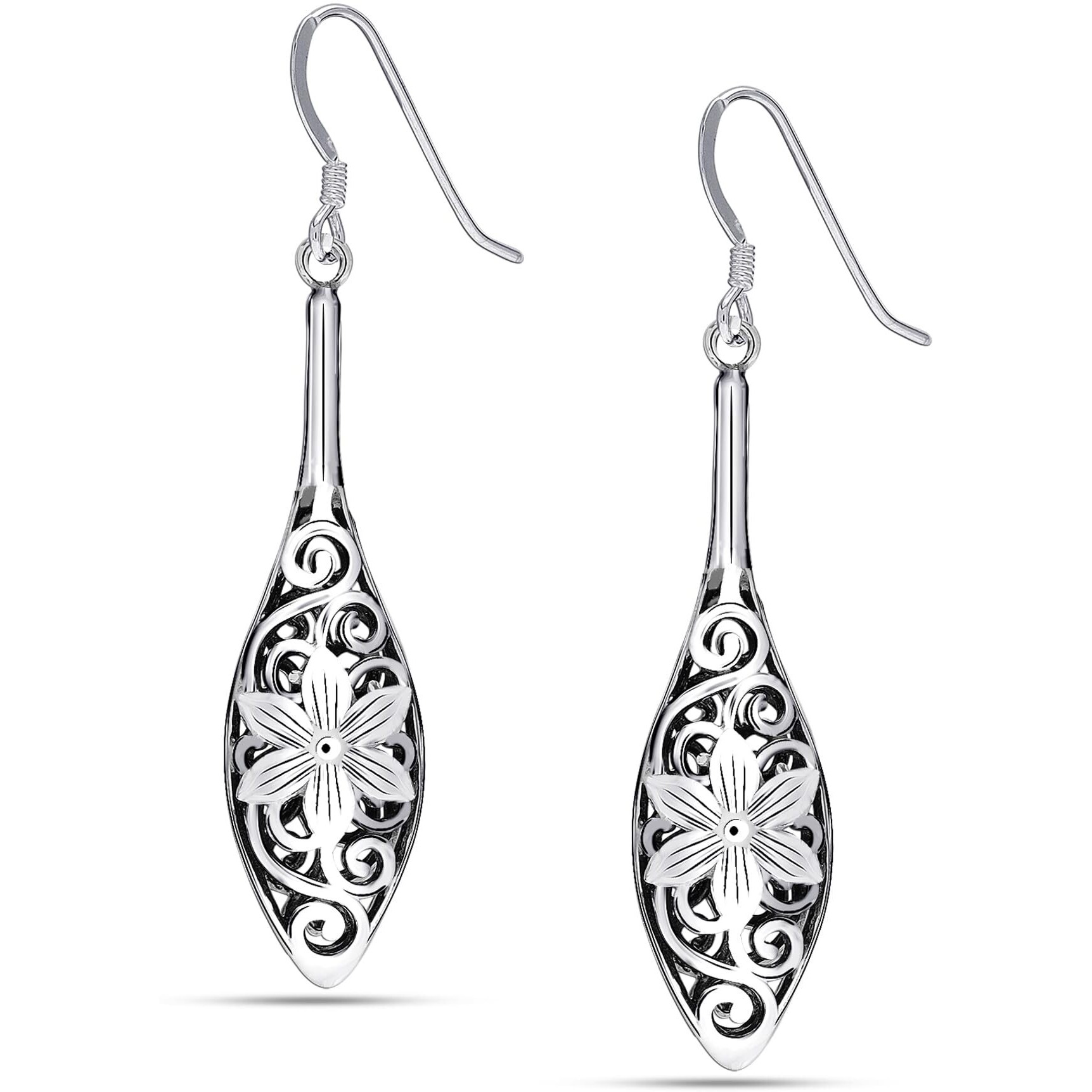 LeCalla 925 Sterling Silver BIS Hallmarked Filigree Bali Flower Teardrop Dangle Hook Earrings for Women and Girls | Rakhi Gift for Sister