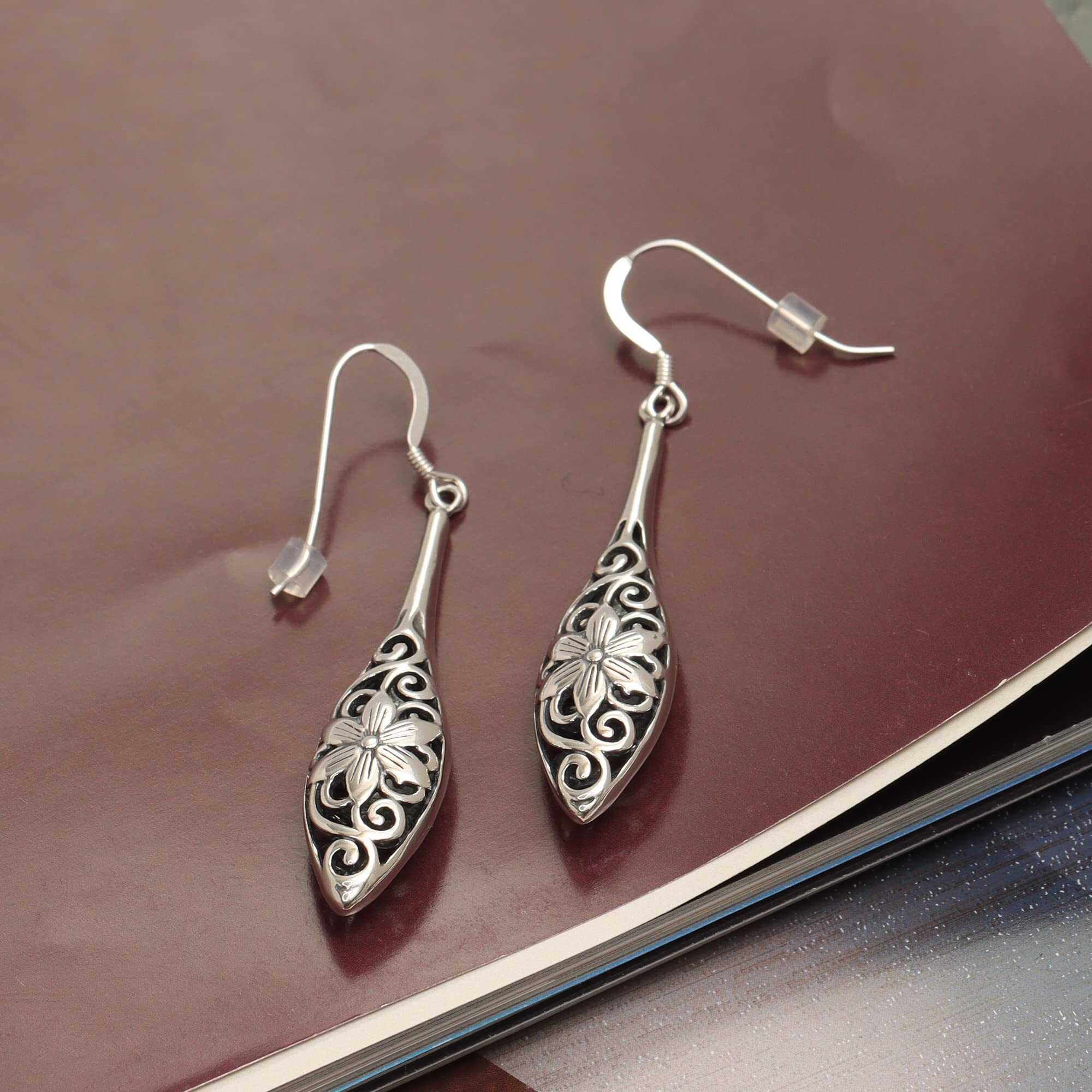 LeCalla 925 Sterling Silver BIS Hallmarked Filigree Bali Flower Teardrop Dangle Hook Earrings for Women and Girls | Rakhi Gift for Sister