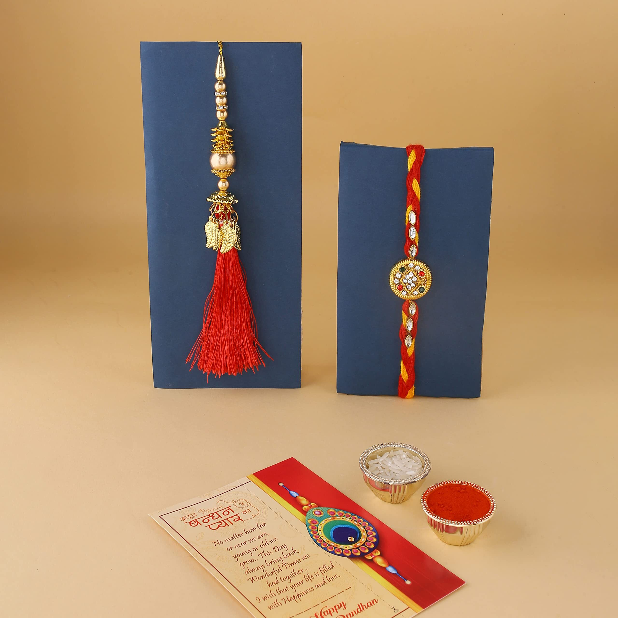 Rakhi Gift Combo Set of 2 Rakhi for Brother and Bhabhi with Showpiece Gift - Kundan, Lumba Rakhi with Set of 4 Miniature Buddha Monk Figurines Showpiece with Greeting Card