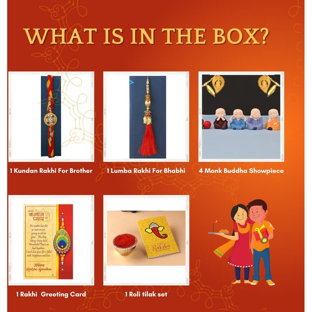 Rakhi Gift Combo Set of 2 Rakhi for Brother and Bhabhi with Showpiece Gift - Kundan, Lumba Rakhi with Set of 4 Miniature Buddha Monk Figurines Showpiece with Greeting Card