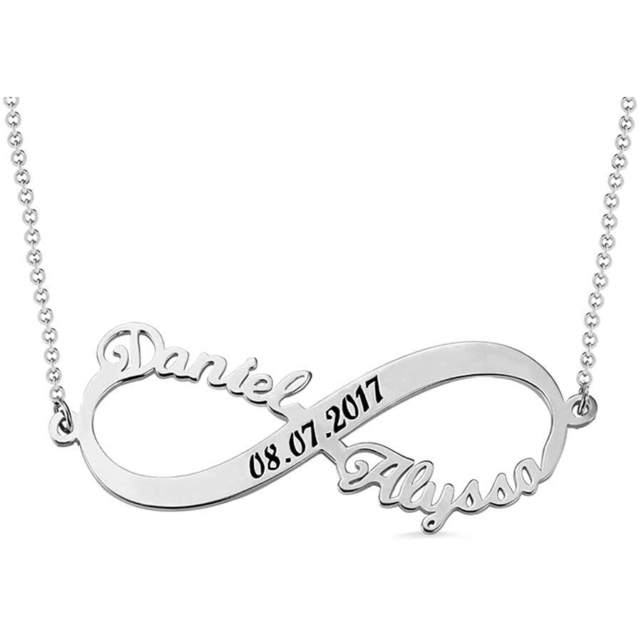 Personalised 925 Sterling Silver Name Necklace for Women | Customized Infinity Couple Name With Date Pendant for Girls | Custom Jewellery Gift for Wife, Anniversary, Rakhi Gift for Sister