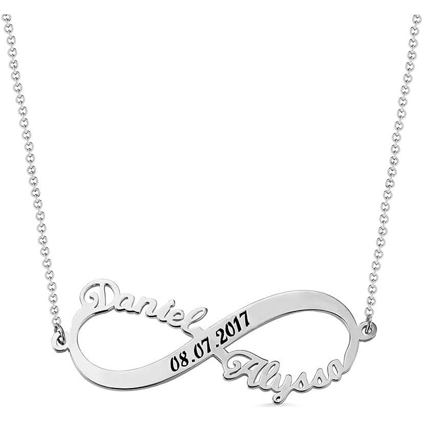 Personalised 925 Sterling Silver Name Necklace for Women | Customized Infinity Couple Name With Date Pendant for Girls | Custom Jewellery Gift for Wife, Anniversary, Rakhi Gift for Sister