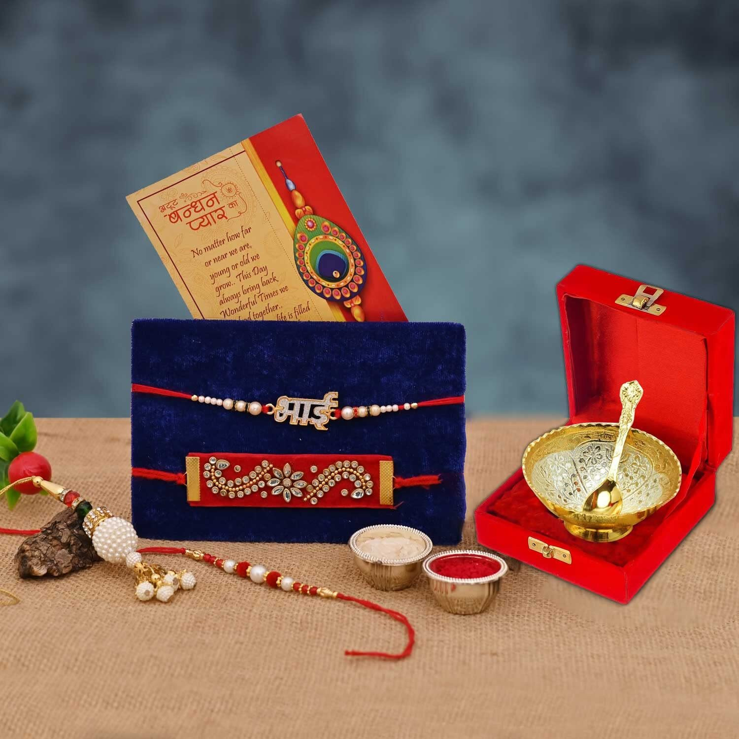 Collectible India Rakhi Grift Combo Set of 4 Rakhis with Gift Set, Rakhi for Brother and Bhabhi Kids Gift Combo - Rakhi with Bowl and Velvet box