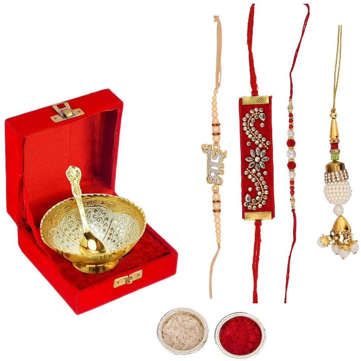 Collectible India Rakhi Grift Combo Set of 4 Rakhis with Gift Set, Rakhi for Brother and Bhabhi Kids Gift Combo - Rakhi with Bowl and Velvet box