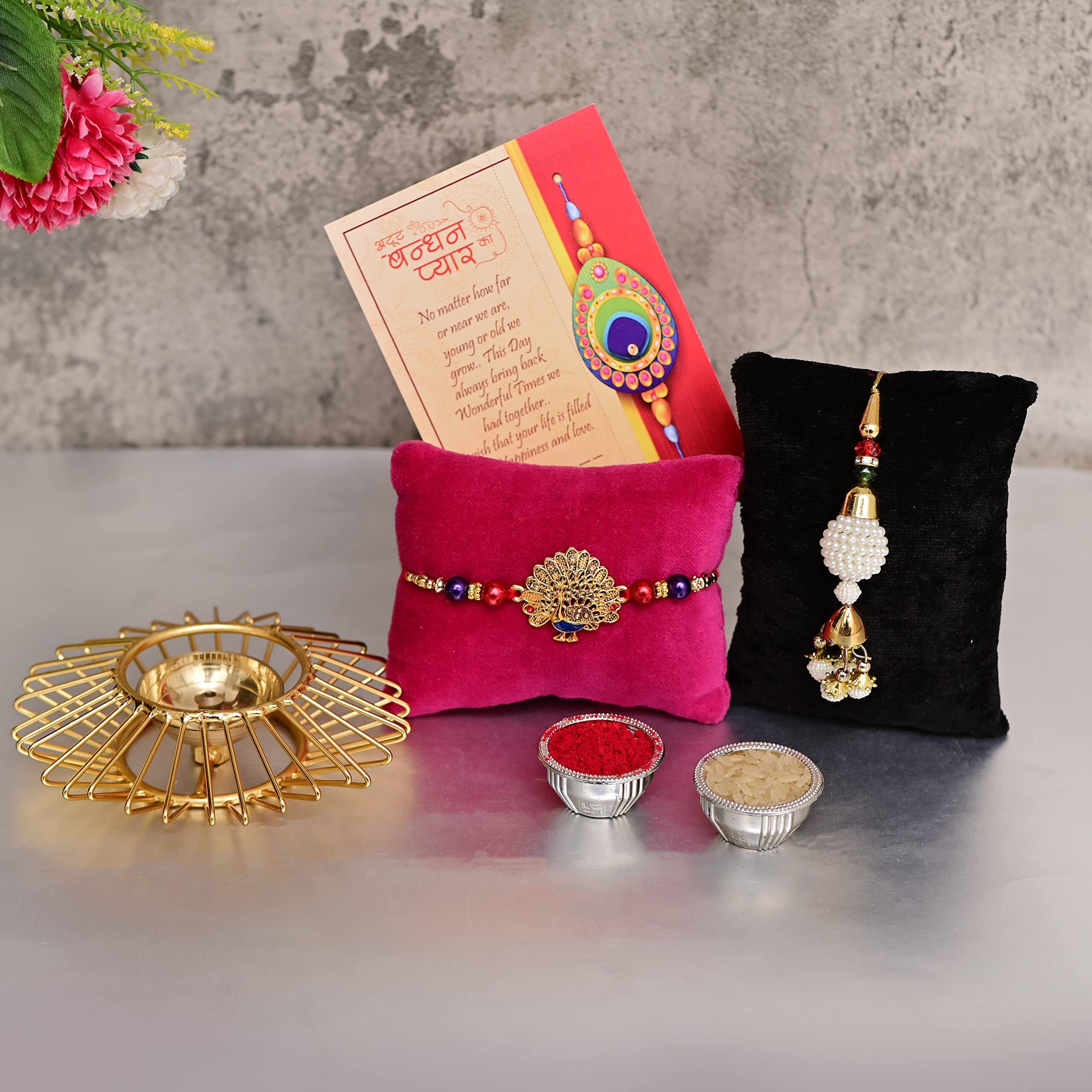 CraftVatika Rakhi Gift Combo For Brother Bhabhi Bhaiya Brass Diya Deepak with 2 Rakhi Gift Set - Rakhi for sister - Raksha Bandhan Card