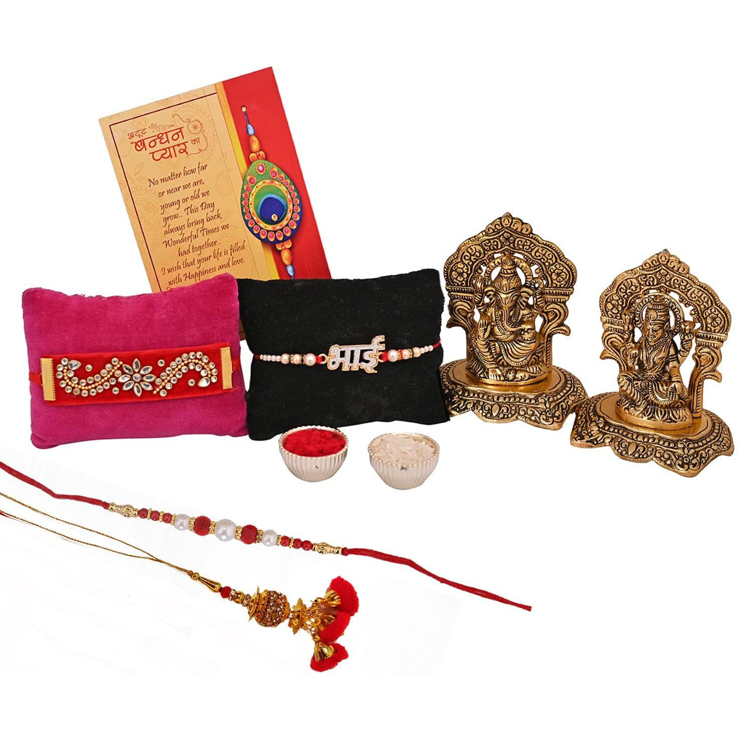 Collectible India Rakhi Gift For Brother - Rakhi for Brother And Bhabhi - Rakshabandhan Rakhi Gift Hamper - Laxmi Ganesh set Idol Showpiece, Bhai Rakhi, Designer Lumba Rakhi For Bhabhi, Greeting Card