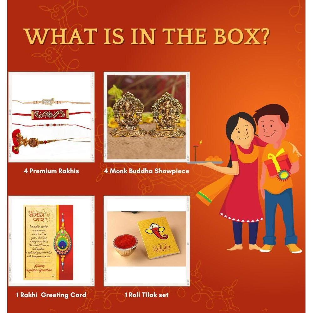 Collectible India Rakhi Gift For Brother - Rakhi for Brother And Bhabhi - Rakshabandhan Rakhi Gift Hamper - Laxmi Ganesh set Idol Showpiece, Bhai Rakhi, Designer Lumba Rakhi For Bhabhi, Greeting Card