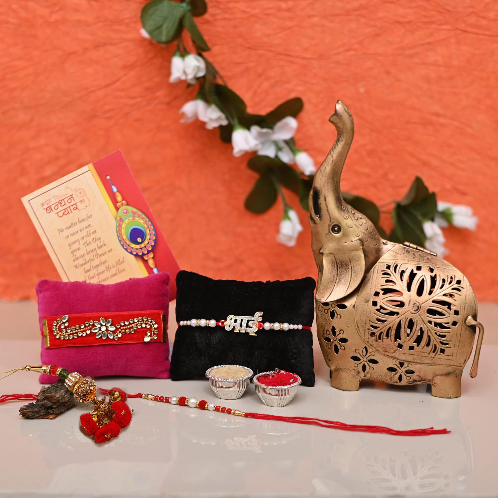 CraftVatika Rakhi Gift for Brother with Showpiece Combo Gift Items Set - Rakhi for Bhaiya Bhabhi Kids - Rakhis for Rakshabandhan - Elephant Showpiece for Home Decor Dora Bhai Lumba Rakhi Velvet Rakhi