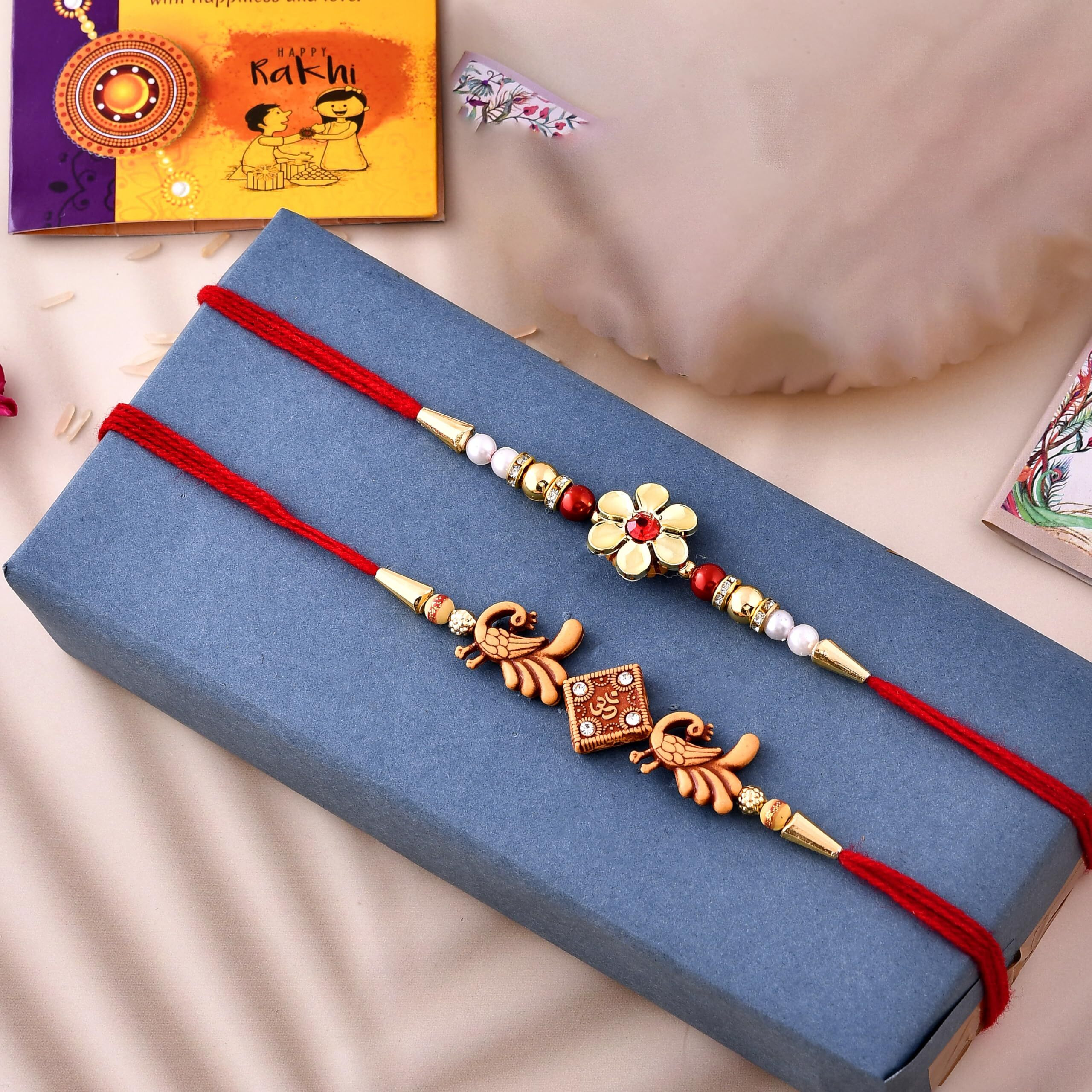 CraftVatika Rakhi for Brother Puja Thali Gift Combo Set of 2 Peacock Rakhi for Brother Bhaiya Men Boy with Kumkum Pooja Thali Set Rakhis for Brother