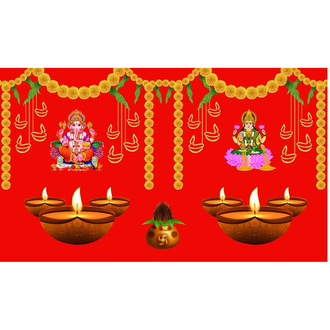 Ashvath Fashion Ganeshji with Goddess Laxmi Mata Diya Lamp Design Backdrop Cloth for Diwali Pooja Decoration Traditional Deepavali Festival Curtain for Festival size 5Feet Height and 8Feet width(5*8)