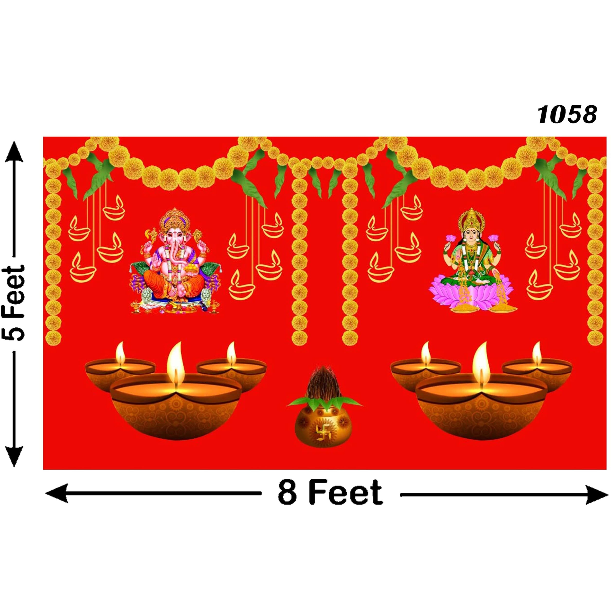 Ashvath Fashion Ganeshji with Goddess Laxmi Mata Diya Lamp Design Backdrop Cloth for Diwali Pooja Decoration Traditional Deepavali Festival Curtain for Festival size 5Feet Height and 8Feet width(5*8)