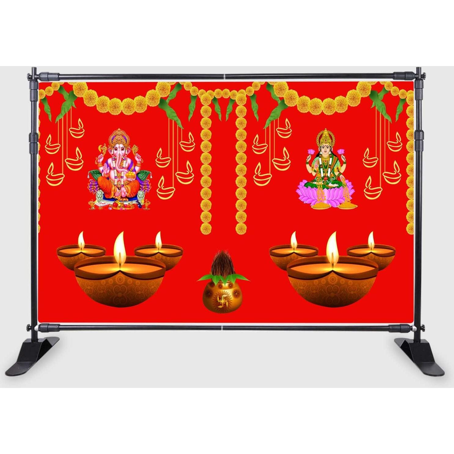 Ashvath Fashion Ganeshji with Goddess Laxmi Mata Diya Lamp Design Backdrop Cloth for Diwali Pooja Decoration Traditional Deepavali Festival Curtain for Festival size 5Feet Height and 8Feet width(5*8)