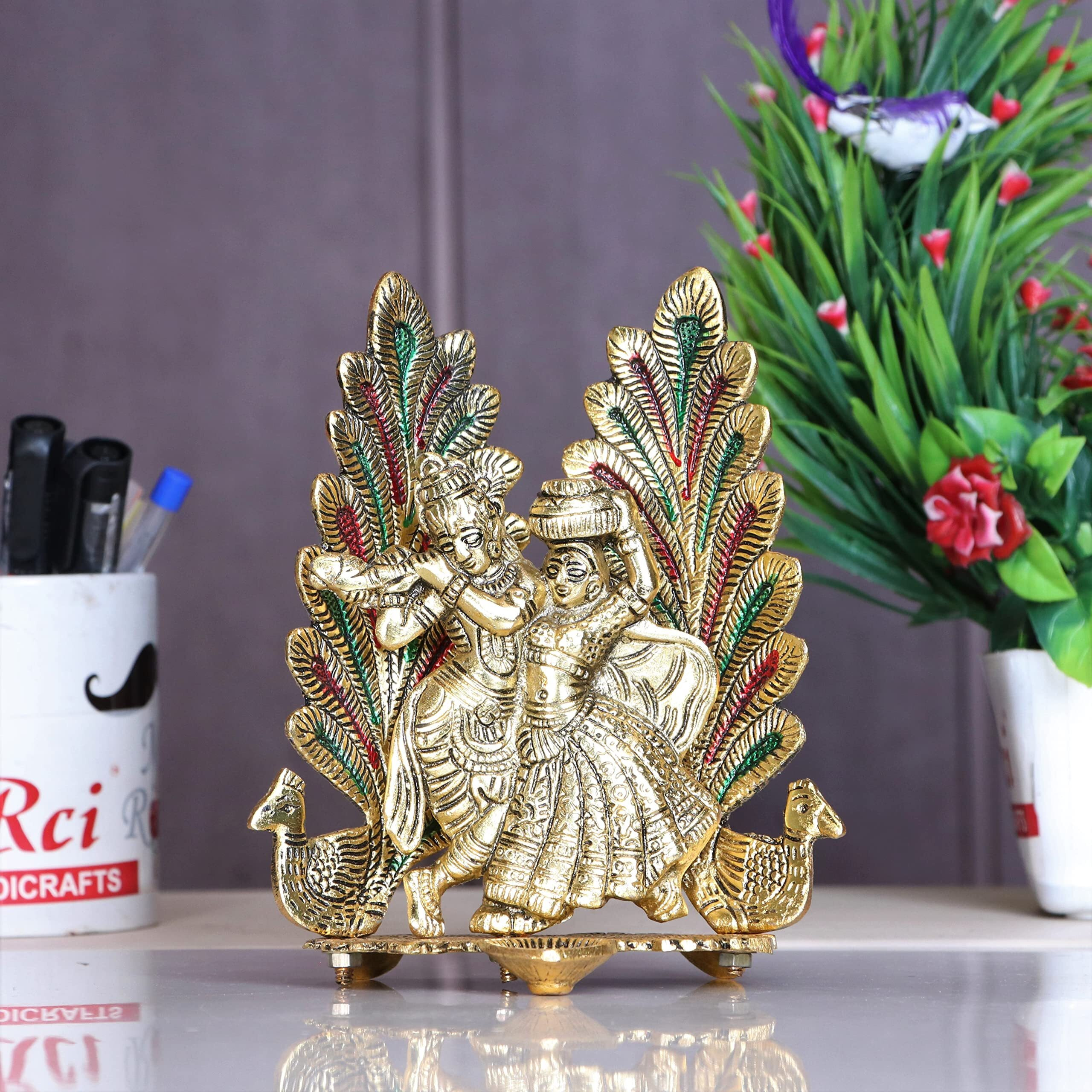 KridayKraft Radha Krishna Metal Statue with Diya for Pooja, Peacock Design Decor your Home,Office,Religious Showpiece Figurines,God idol Gift Article...