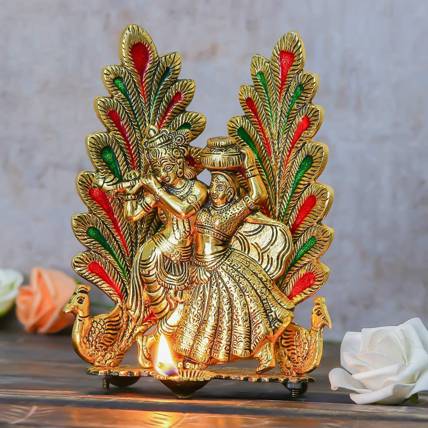 KridayKraft Radha Krishna Metal Statue with Diya for Pooja, Peacock Design Decor your Home,Office,Religious Showpiece Figurines,God idol Gift Article...