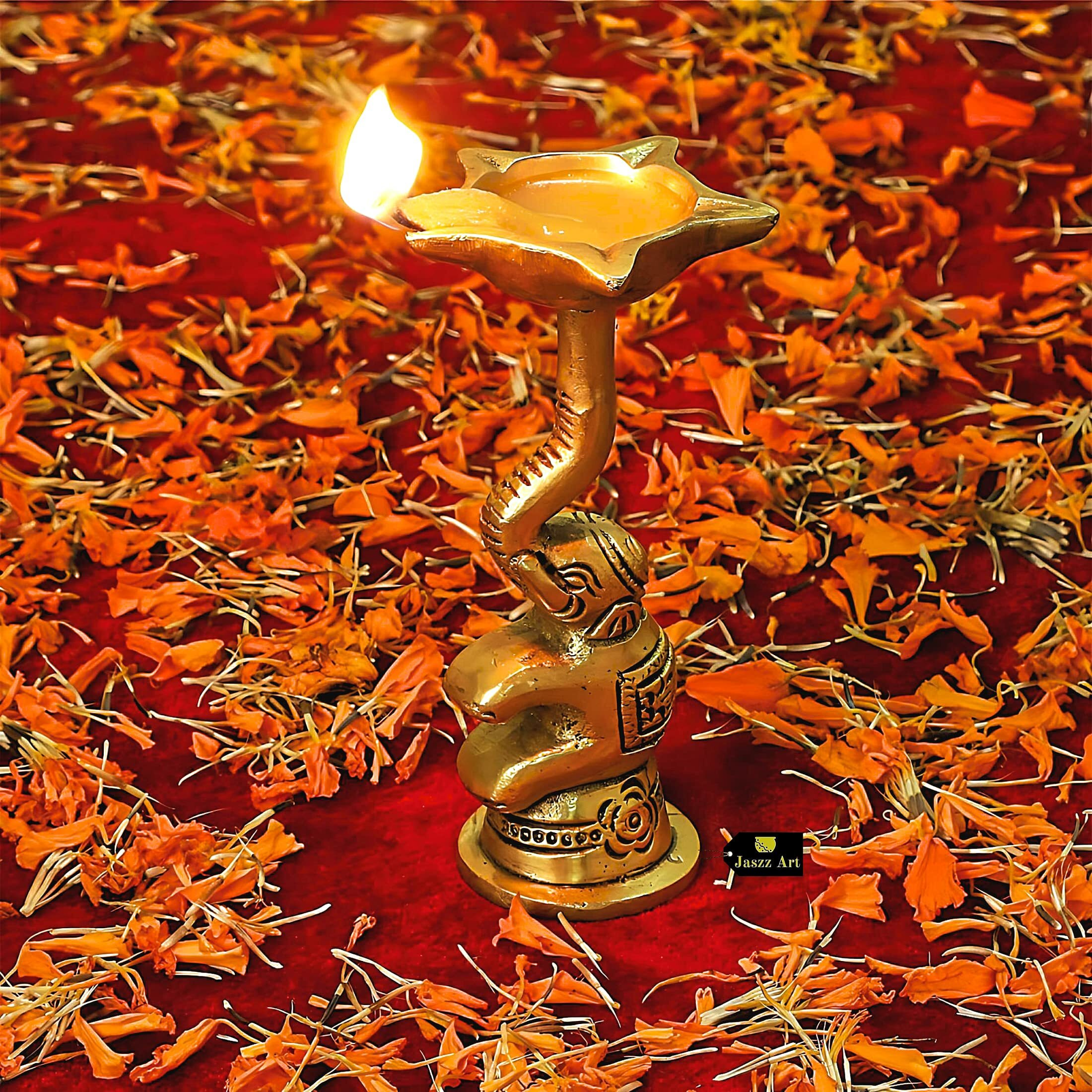 Jaszz Art Brass Elephant Shaped Diya Ganesha Ethnic Design Handmade Curved Oil Wick Antique Kuber Deepak Lamp for Home Decor Temple Office Counter Diwali Decoration Festival Gift (3 inches, 300g)