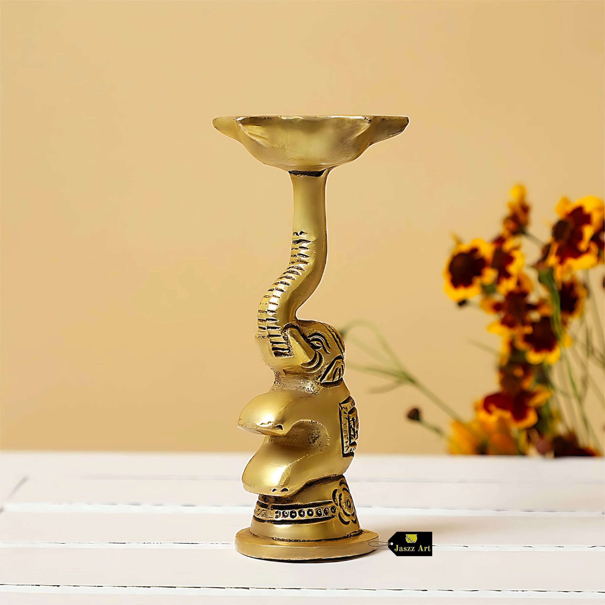 Jaszz Art Brass Elephant Shaped Diya Ganesha Ethnic Design Handmade Curved Oil Wick Antique Kuber Deepak Lamp for Home Decor Temple Office Counter Diwali Decoration Festival Gift (3 inches, 300g)