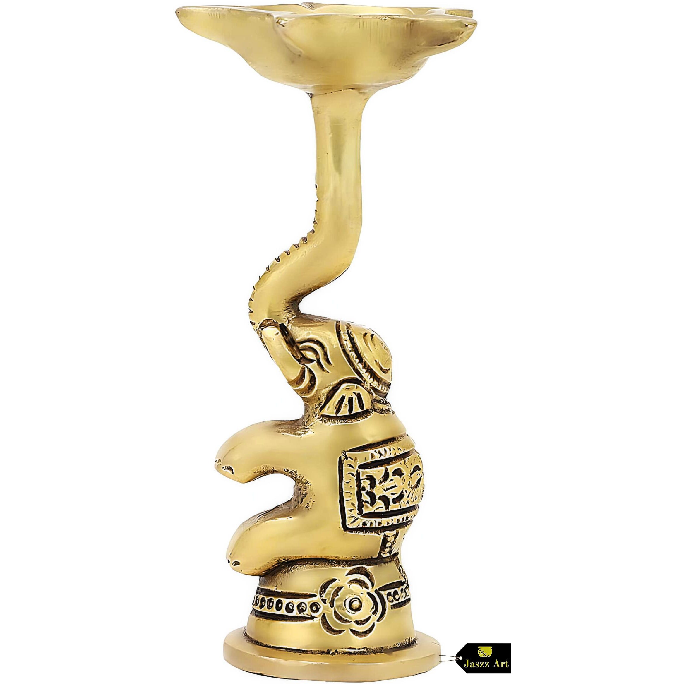 Jaszz Art Brass Elephant Shaped Diya Ganesha Ethnic Design Handmade Curved Oil Wick Antique Kuber Deepak Lamp for Home Decor Temple Office Counter Diwali Decoration Festival Gift (3 inches, 300g)