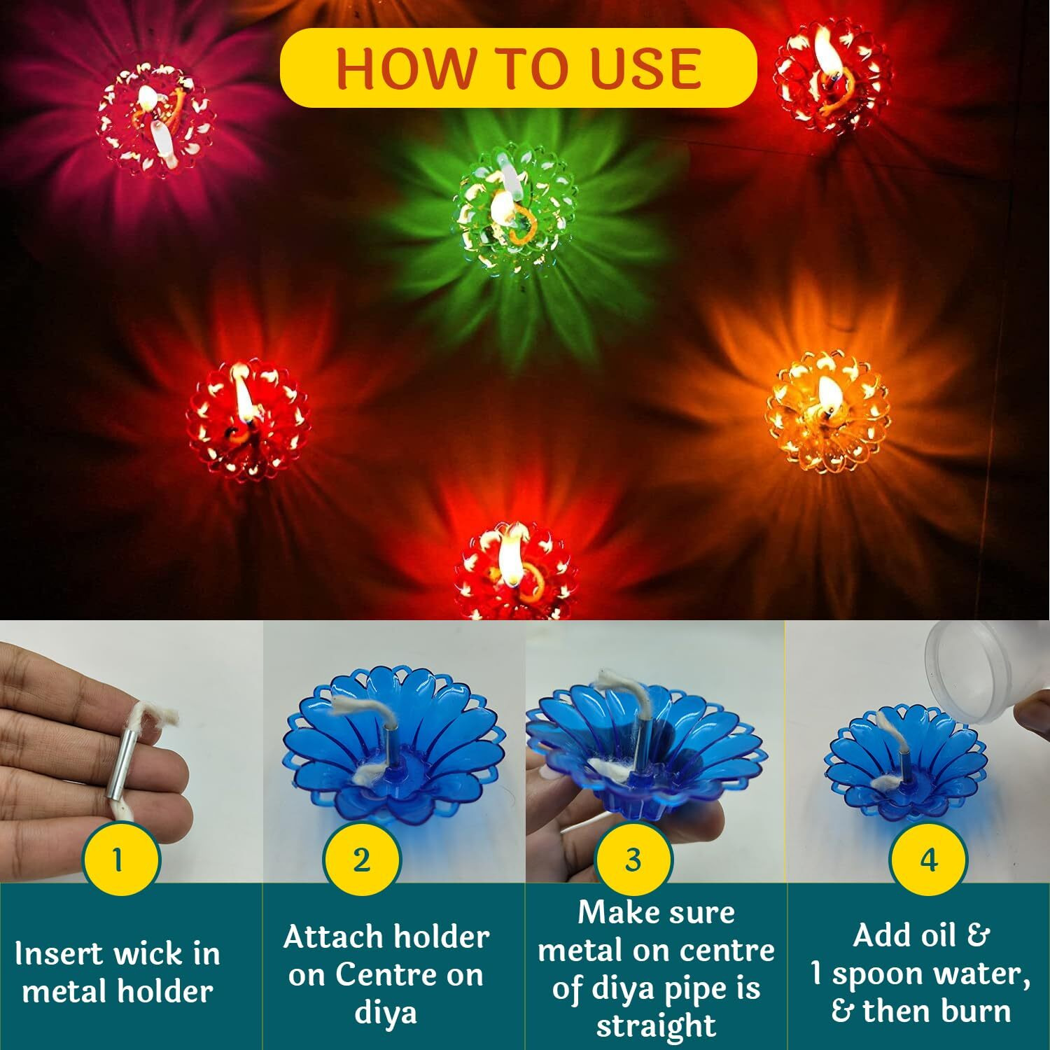 CraftVatika 144 Diya for Diwali Decoration Items -Transparent Diya Deepak 3D Floating Reflection Diya Combo Reusable Colourful Sai Ram Oil Diya, Deepawali Oil Lamps for Pooja/Puja