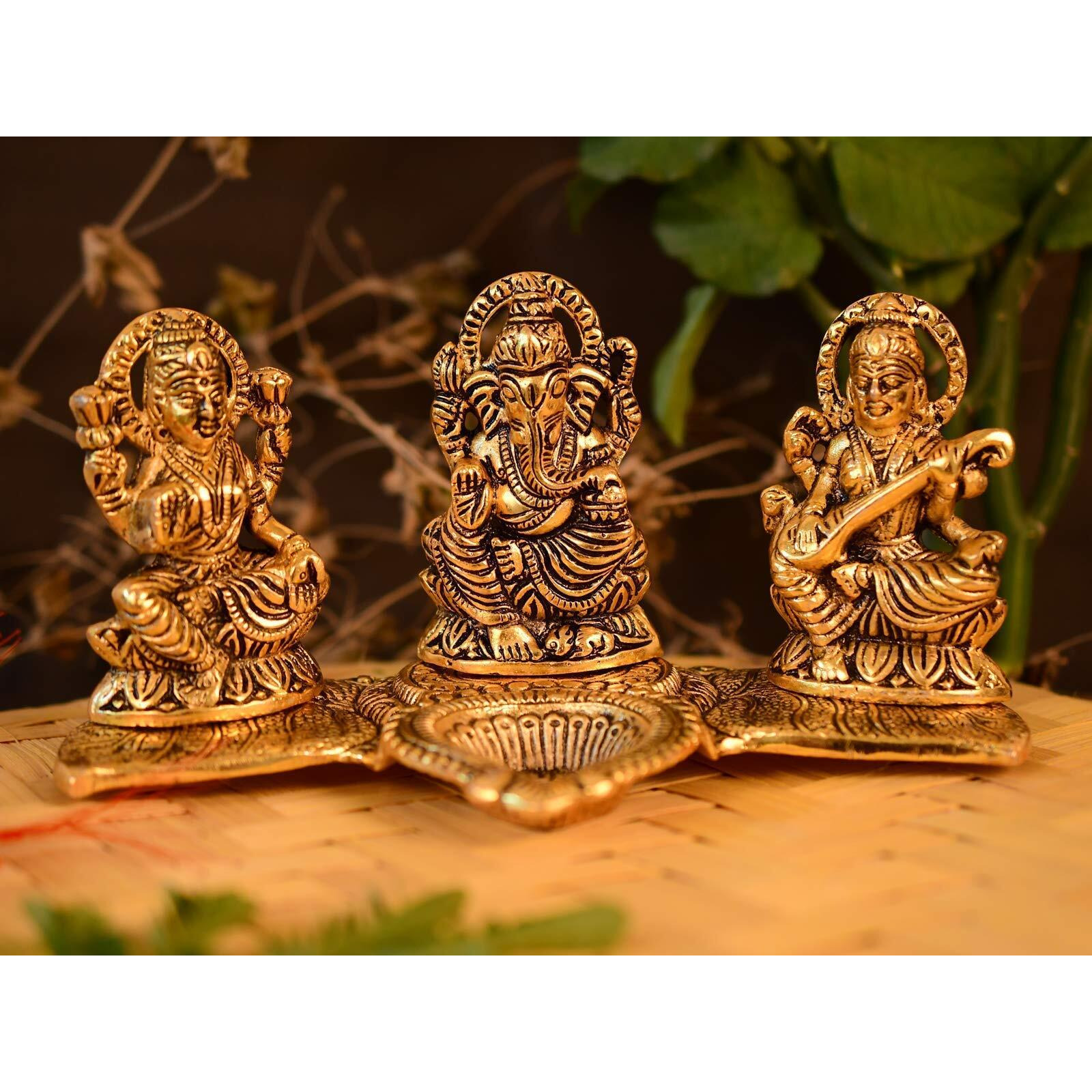 Collectible India Lakshmi Ganesha Saraswati with Diya Diwali Statue Idol - Puja Deepak- Showpiece Oil Lamp Diya Decorations (Set of 10)