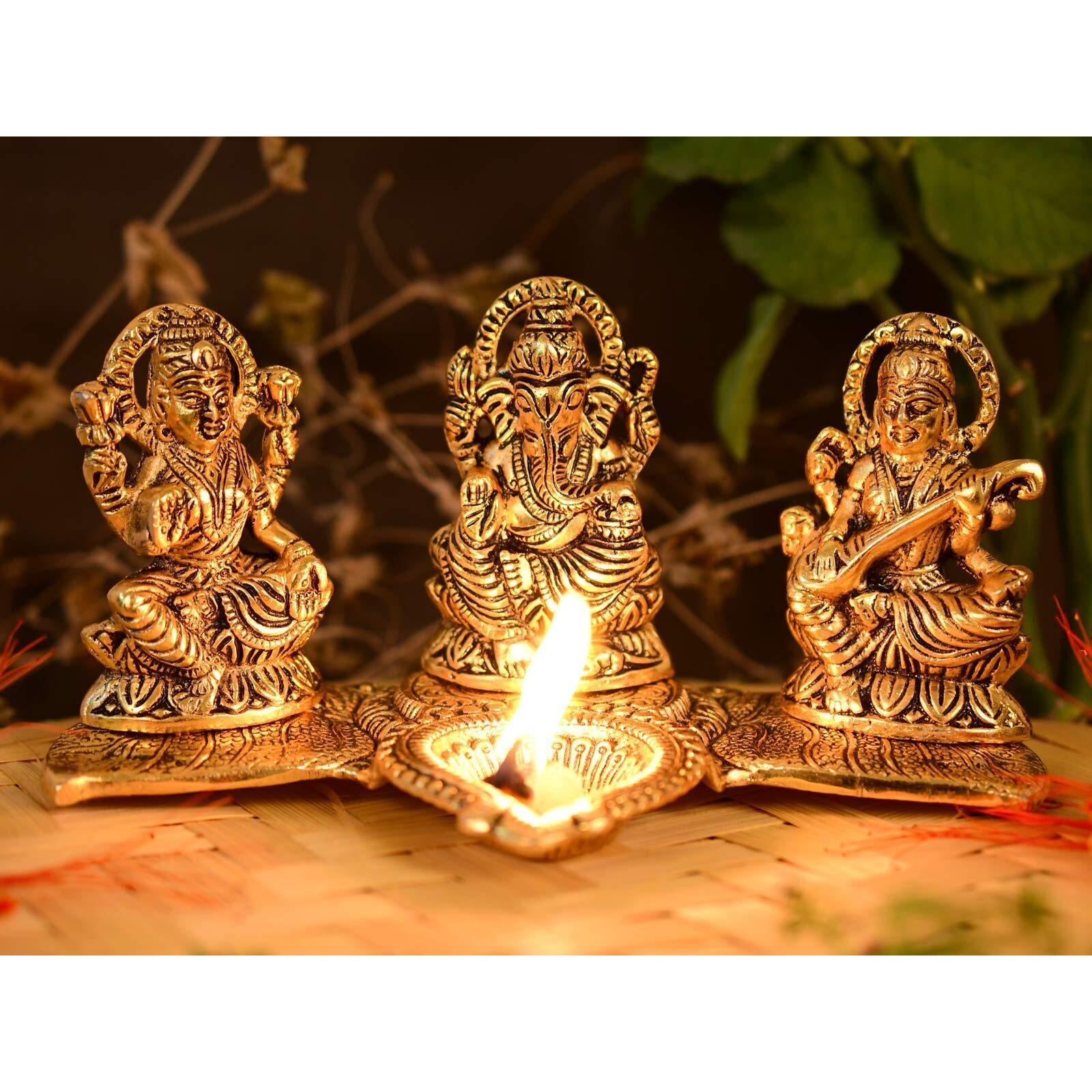 Collectible India Lakshmi Ganesha Saraswati with Diya Diwali Statue Idol - Puja Deepak- Showpiece Oil Lamp Diya Decorations (Set of 10)