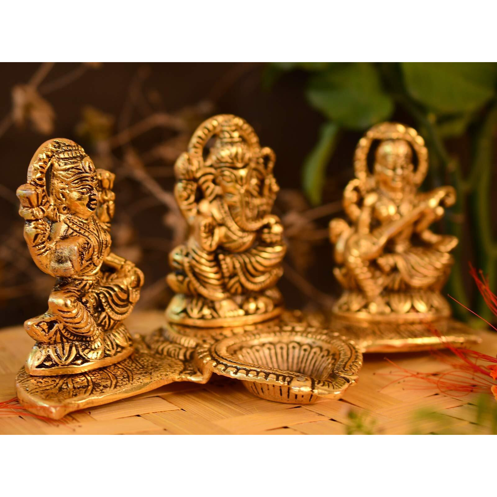 Collectible India Lakshmi Ganesha Saraswati with Diya Diwali Statue Idol - Puja Deepak- Showpiece Oil Lamp Diya Decorations (Set of 10)