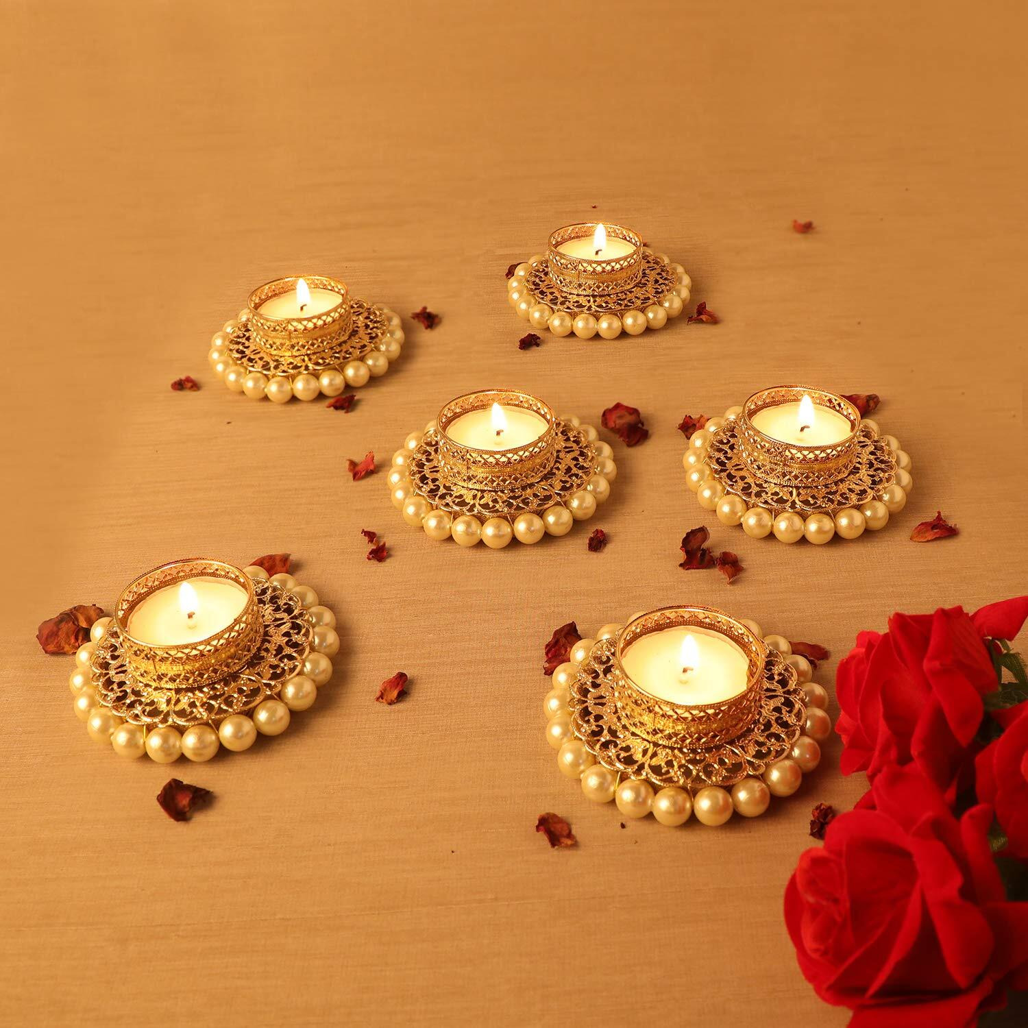 Accessher Traditional Diya Holders/Candle Holders/Tea Light Holders with Pearls Embedded Filigree Thali for Diwali Decoration/Festive Home Decoration Pack of 2