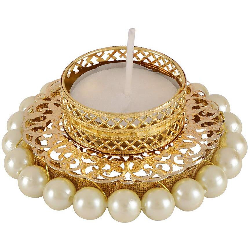 Accessher Traditional Diya Holders/Candle Holders/Tea Light Holders with Pearls Embedded Filigree Thali for Diwali Decoration/Festive Home Decoration Pack of 2