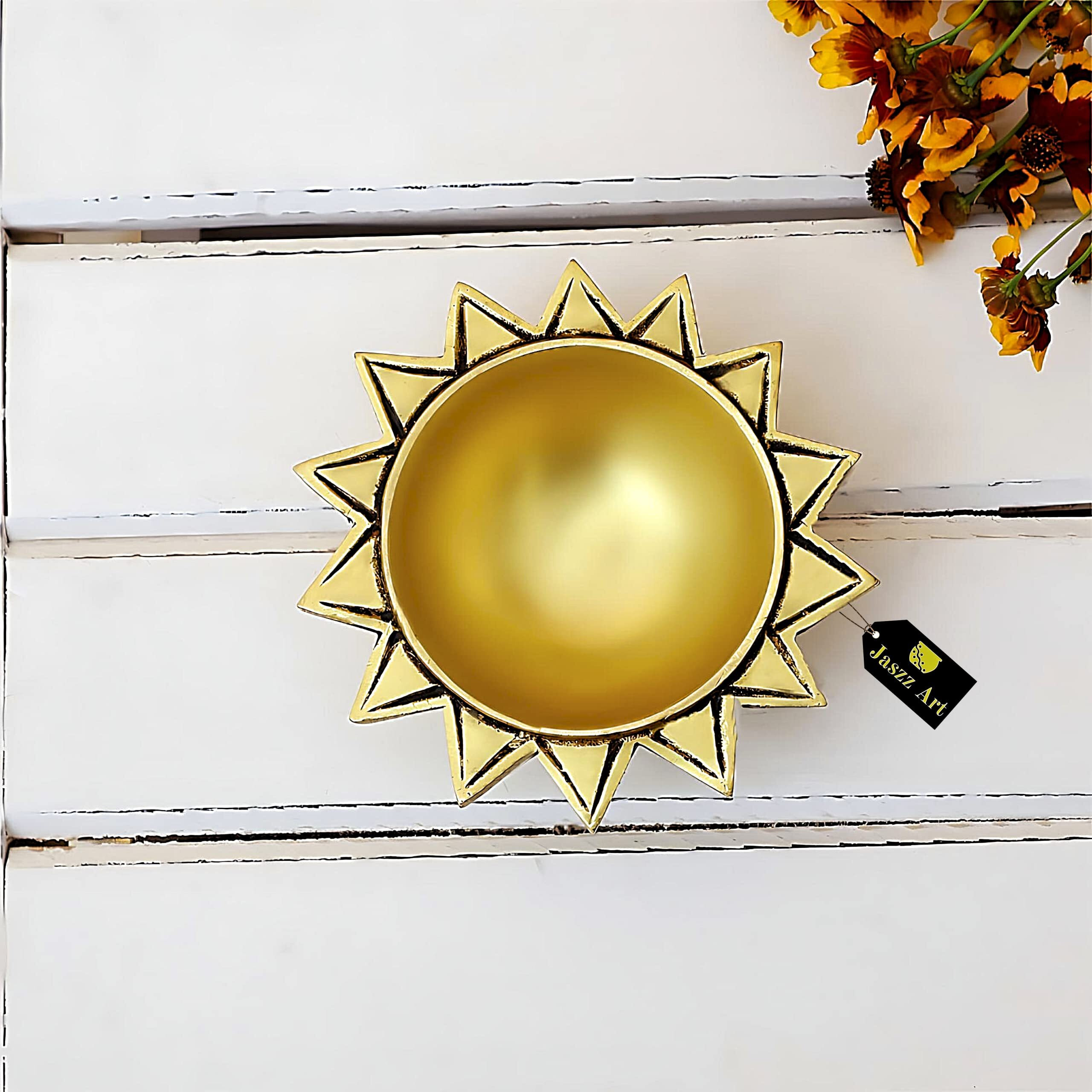 Jaszz Art Brass Sun Diya Small Ethnic Design Handmade Curved Oil Wick Antique Kuber Deepak Lamp for Home Decor Temple Puja Office Counter Decoration Festival Gift (4 inches, 600g, Pack of 2, Golden)