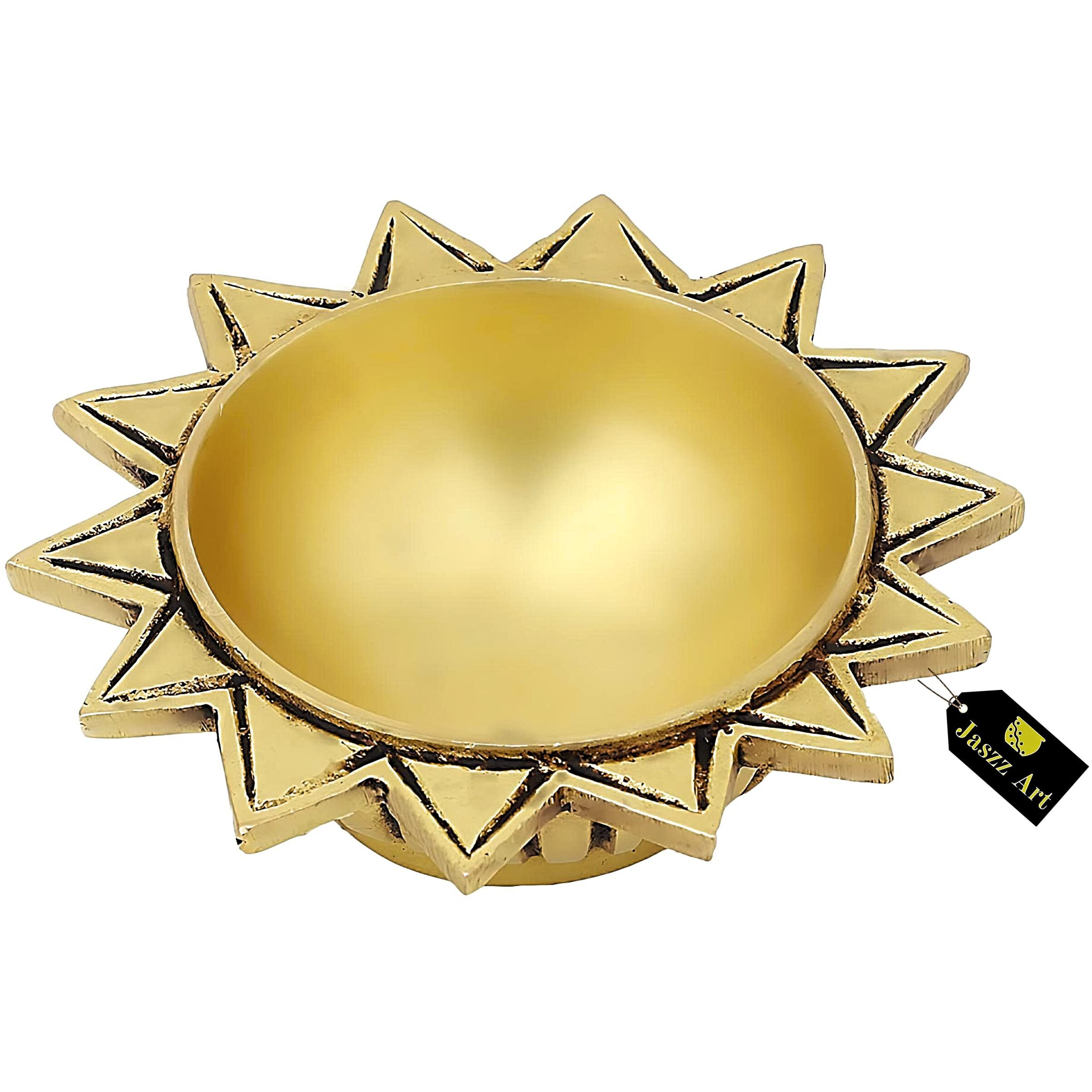 Jaszz Art Brass Sun Diya Small Ethnic Design Handmade Curved Oil Wick Antique Kuber Deepak Lamp for Home Decor Temple Puja Office Counter Decoration Festival Gift (4 inches, 600g, Pack of 2, Golden)
