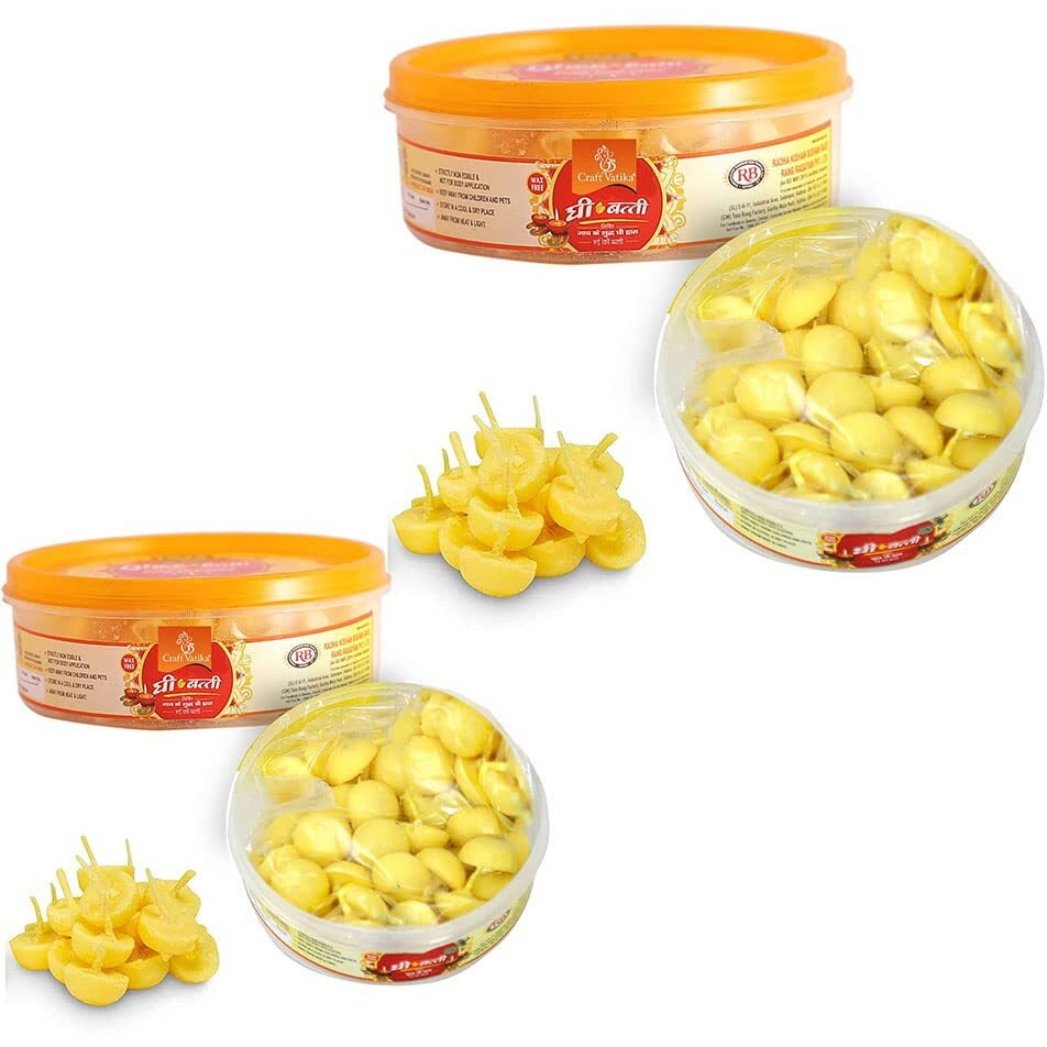 CraftVatika Readymade Diya Ghee Batti Pure Cow Ghee Cotton Wicks for Poojan, Diwali Decoration Handmade Wax Free Diya for Puja (100 Pcs)