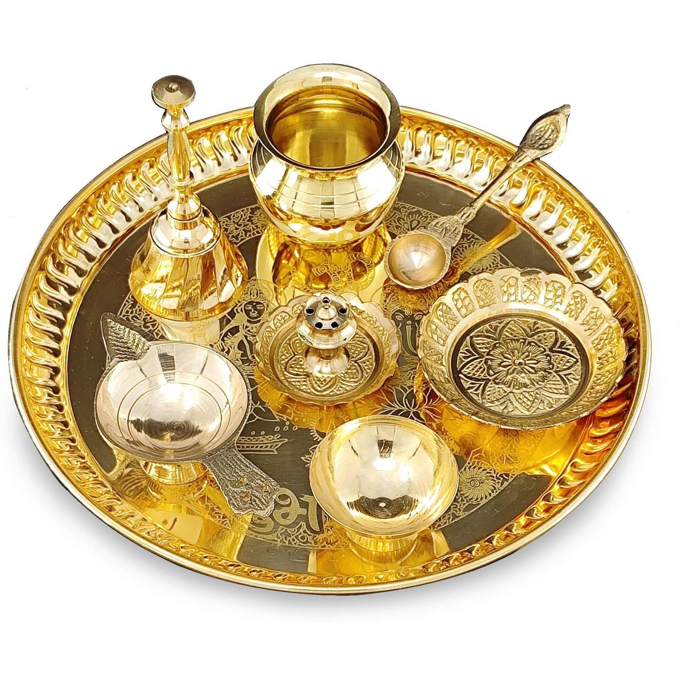 BENGALEN Brass Puja Thali Set 8 Inch Pooja Thali with Pital Plate Kalash Kangura Plate Palli Diya Ghanti Dhup Dan Chandan Wati Arti Thali for Diwali Home Office Mandir Wedding Return Gift Items