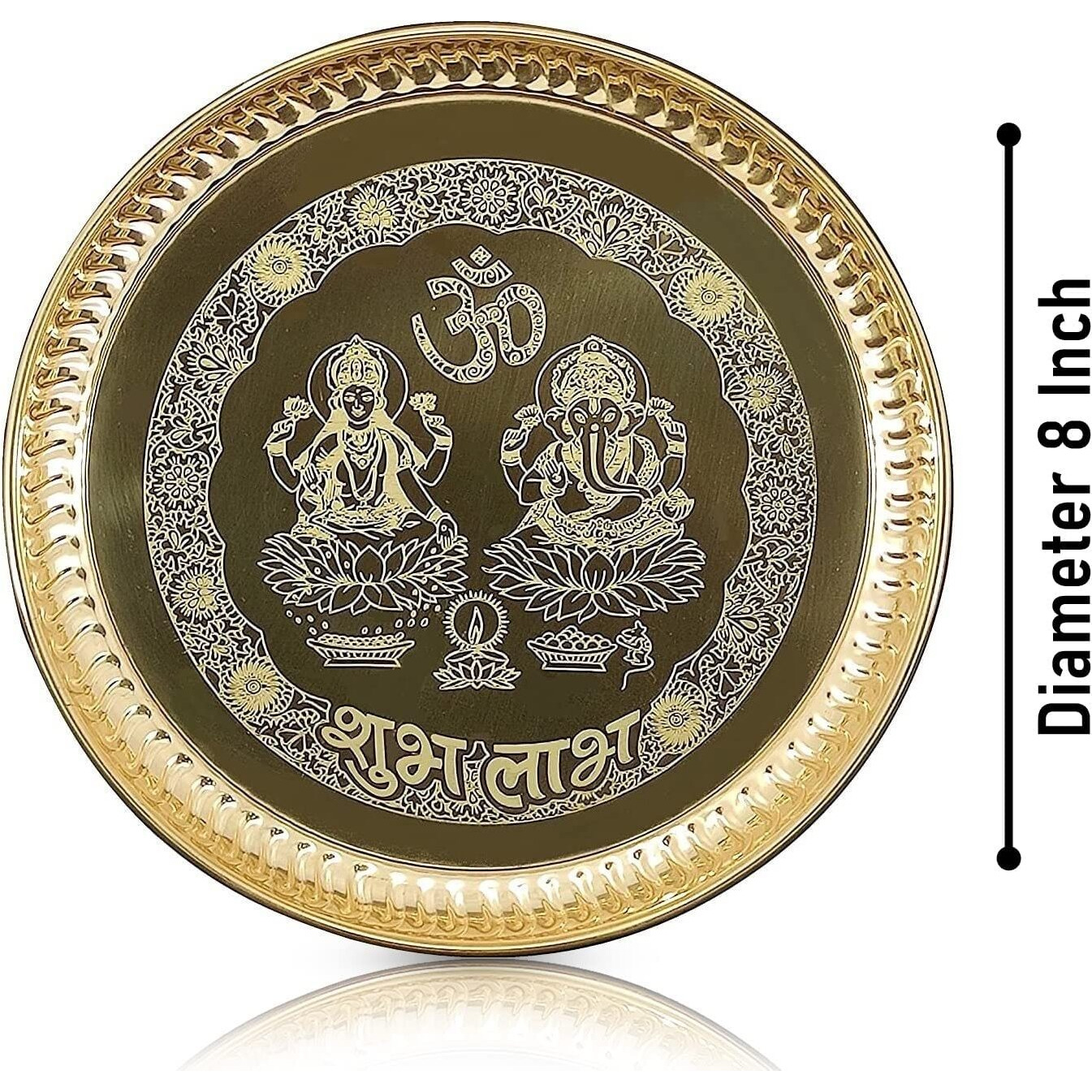 BENGALEN Brass Puja Thali Set 8 Inch Pooja Thali with Pital Plate Kalash Kangura Plate Palli Diya Ghanti Dhup Dan Chandan Wati Arti Thali for Diwali Home Office Mandir Wedding Return Gift Items