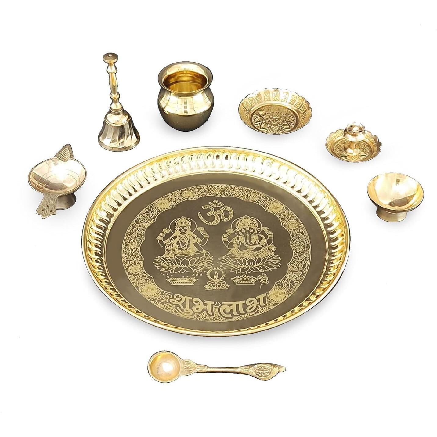 BENGALEN Brass Puja Thali Set 8 Inch Pooja Thali with Pital Plate Kalash Kangura Plate Palli Diya Ghanti Dhup Dan Chandan Wati Arti Thali for Diwali Home Office Mandir Wedding Return Gift Items