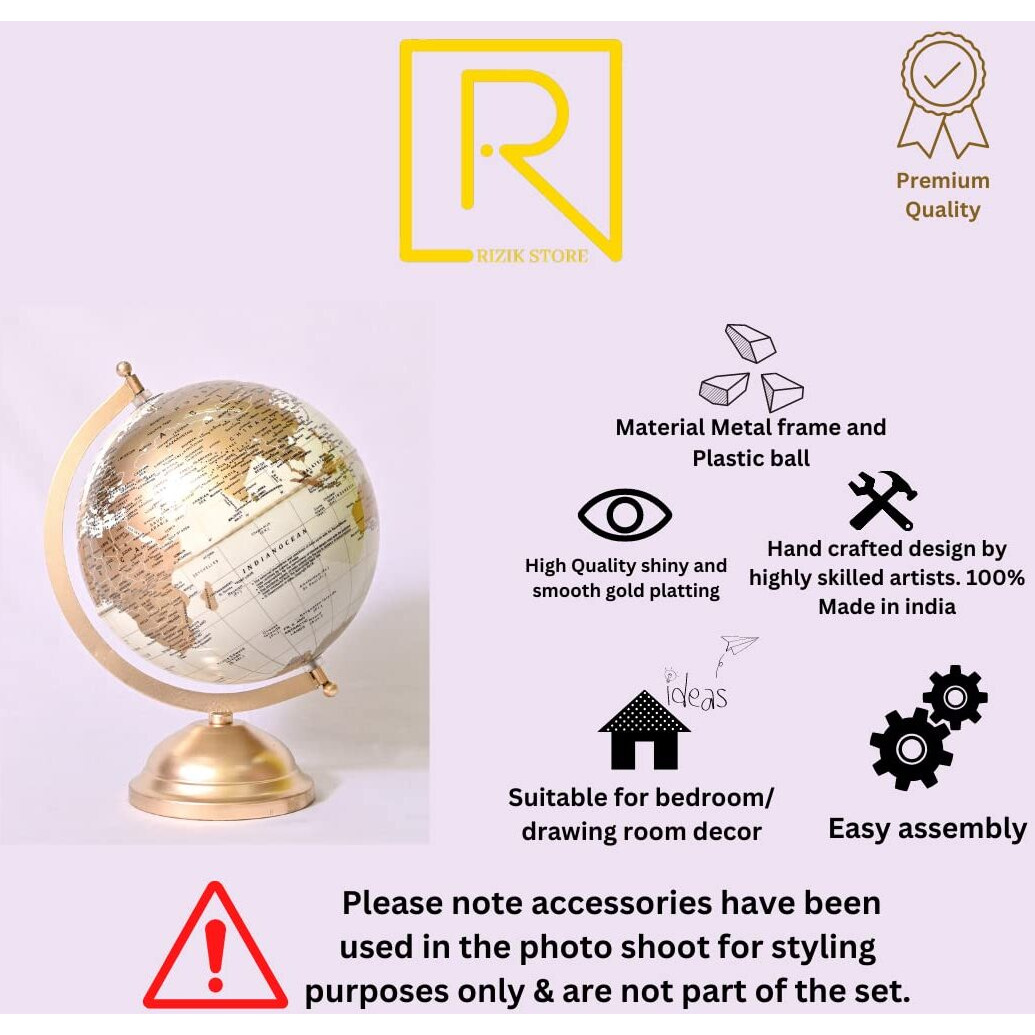 RIZIK STORE Educational World Globe with Heavy Metal ARC and Base/Home Decor/Political Globe/Office Globe/Globes for Kids & Students (8 New white gold)