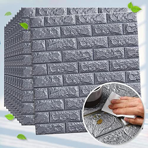 Wolpin 5 Pcs 3D Grey Brick Wallpaper for Wall PE Foam Wall Stickers Self Adhesive DIY Wall Decor (70 x 77cm, Appx. 29Sq Feet) Silver Grey