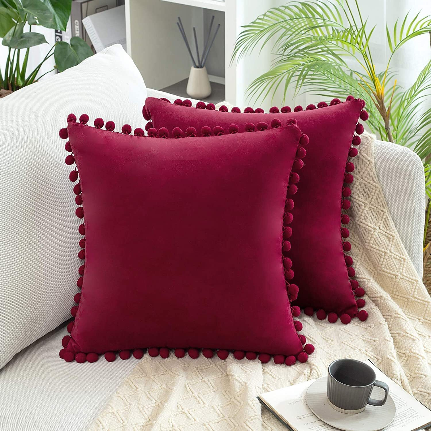 Amazon Brand  Umi Velvet Pompom Cushion Cover 16X16 Inch - Set of 2 Large Square Throw Pillow Covers for Sofa Living Room Or Home Decor in Wine Color