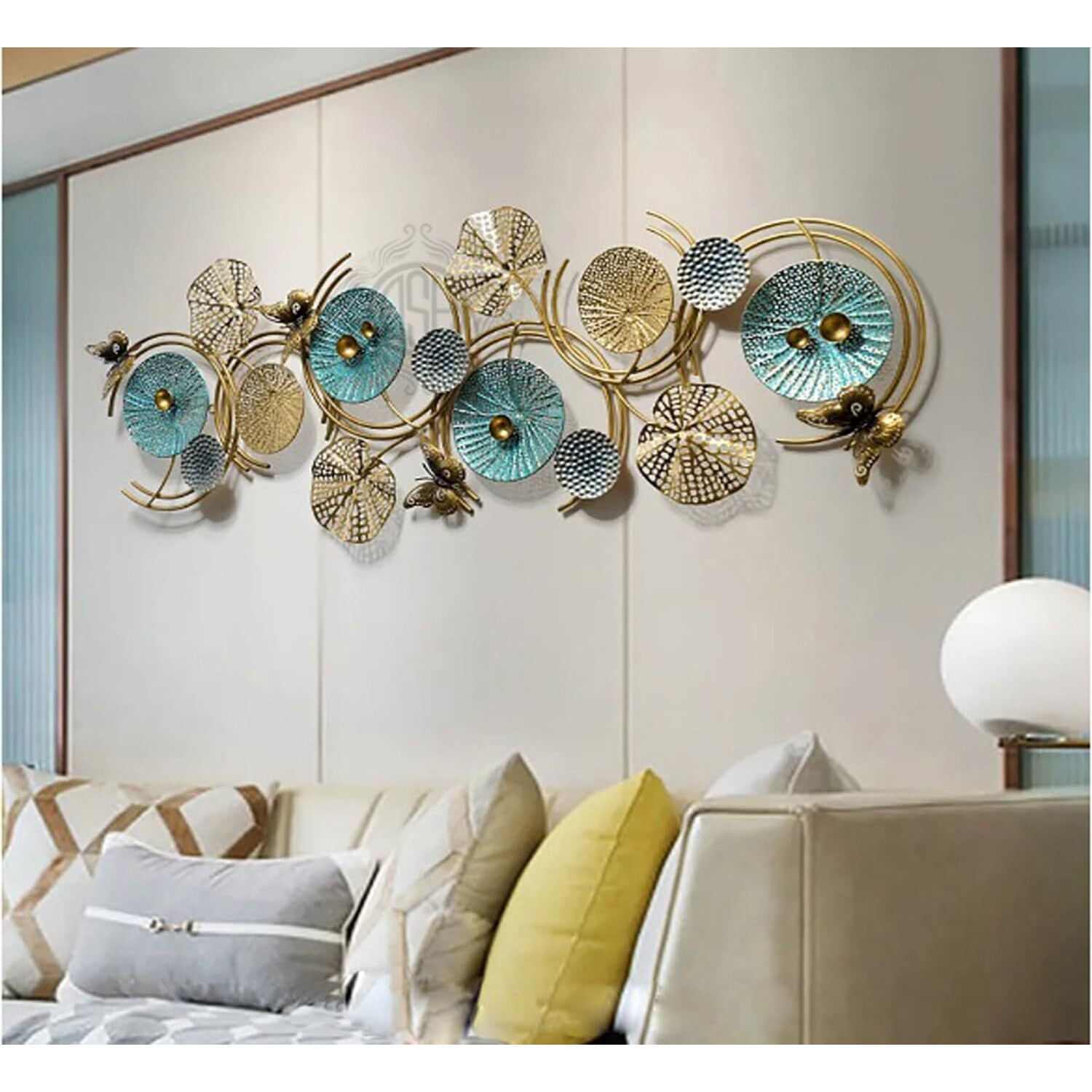 DSH CRAFTING YOUR CURIOSITY Metal Wall Art Lotus Leaves Wall Hanging Wall Decor Sculpture (46 X 17 Inch) For Home Hotel Restauran Decoration. (16-BUTTERFLY-BLUgold)