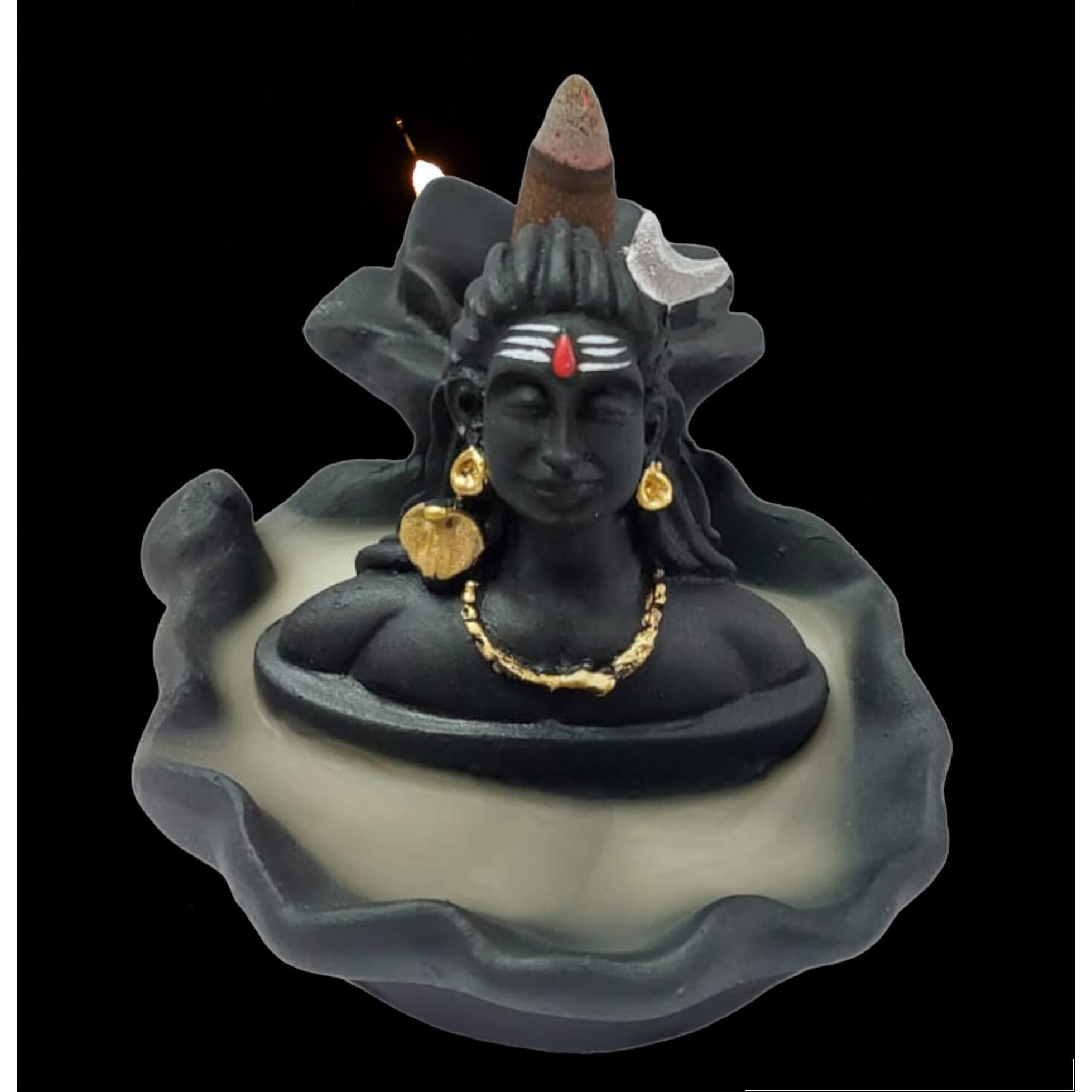 HC VILLA Lord Shiva Backflow Cone Incense Holder | Decorative Showpiece with 10 Free Smoke(Dhoop) Pooja & Gift |Mahadev Murti Idol, Shankara for Home & Living Room Decor, 12cm (Black) Resin
