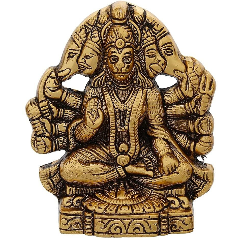 Chhariya Crafts Metal Panchmukhi Hanuman ji Murti Bajrangbali Idol Door Entrance Statue for Home Decor Gifting Protection from Evil Eye Decorative Showpiece - 16 cm (Metal, Gold)