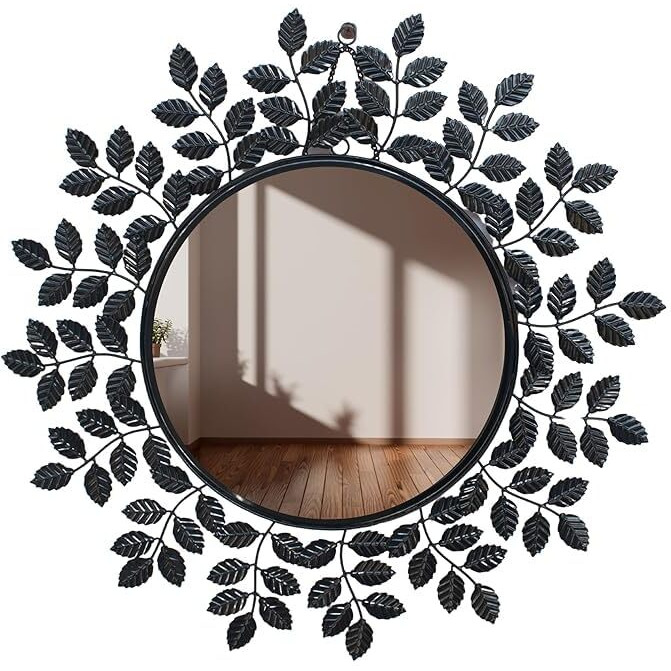 Furnish Craft Designer Gold Leaf Framed Round Mirror for Wall, Mirror for Bathroom, Wall Decor, Designer Mirror, Wall Mirrors (29x29 Inch, Shiny Black, Framed)