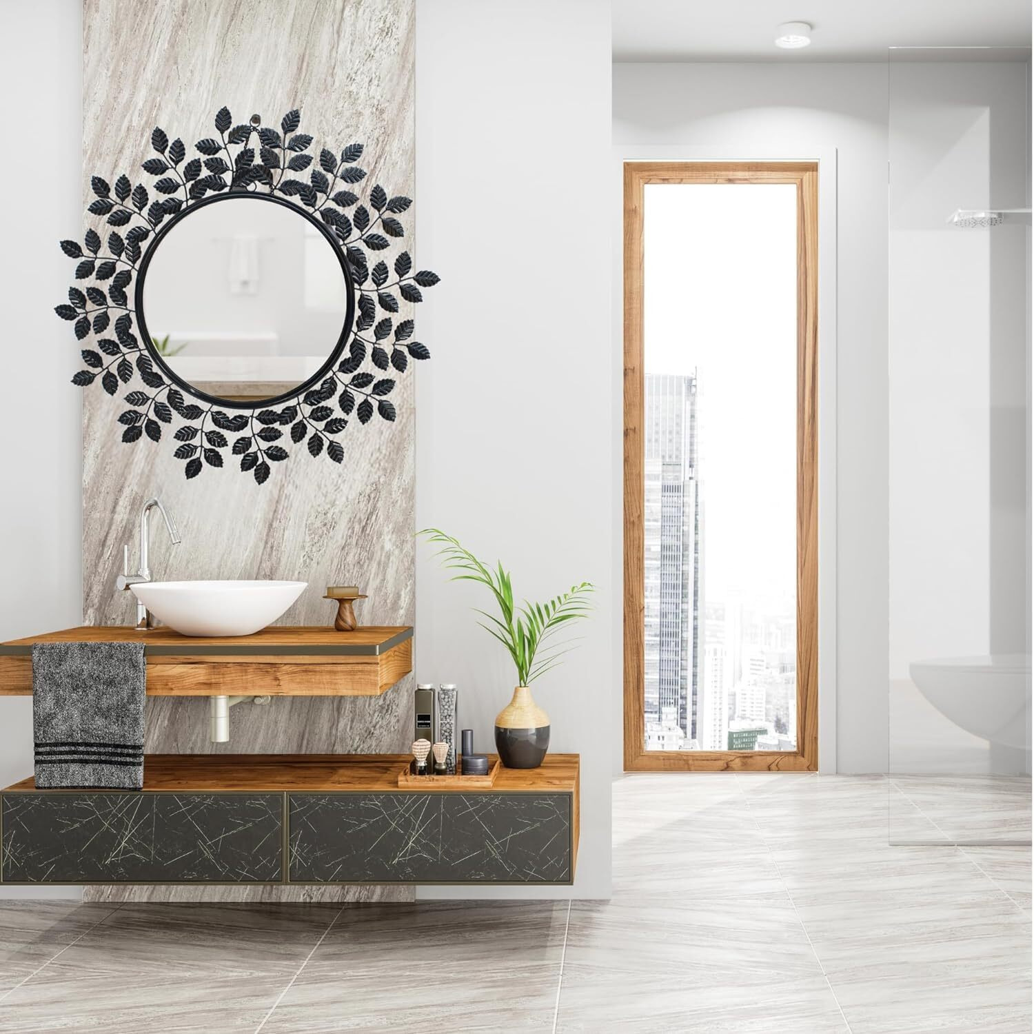 Furnish Craft Designer Gold Leaf Framed Round Mirror for Wall, Mirror for Bathroom, Wall Decor, Designer Mirror, Wall Mirrors (29x29 Inch, Shiny Black, Framed)