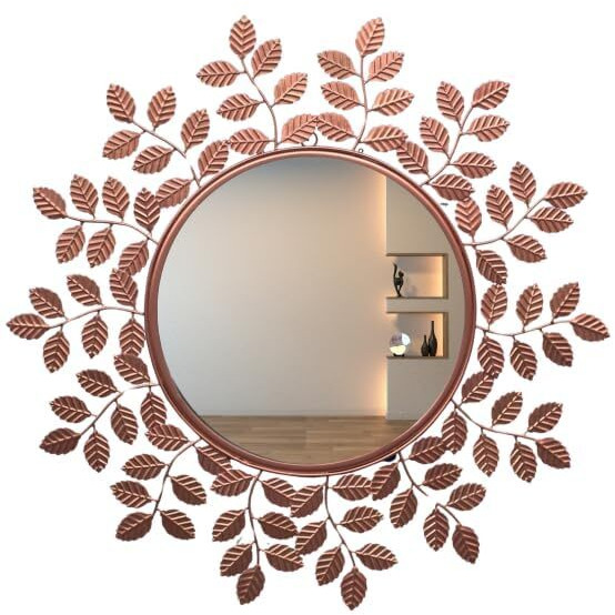 Furnish Craft Metal Designer Gold Leaf Framed Round Mirror For Wall, Mirror For Bathroom, Wall Decor, Designer Mirror, Wall Mirrors (29X29 Inch, Rose Gold, Framed)