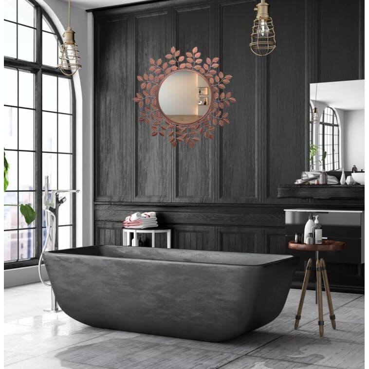 Furnish Craft Metal Designer Gold Leaf Framed Round Mirror For Wall, Mirror For Bathroom, Wall Decor, Designer Mirror, Wall Mirrors (29X29 Inch, Rose Gold, Framed)