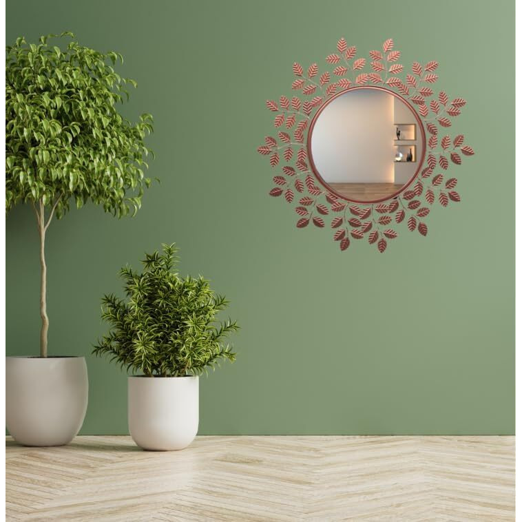 Furnish Craft Metal Designer Gold Leaf Framed Round Mirror For Wall, Mirror For Bathroom, Wall Decor, Designer Mirror, Wall Mirrors (29X29 Inch, Rose Gold, Framed)