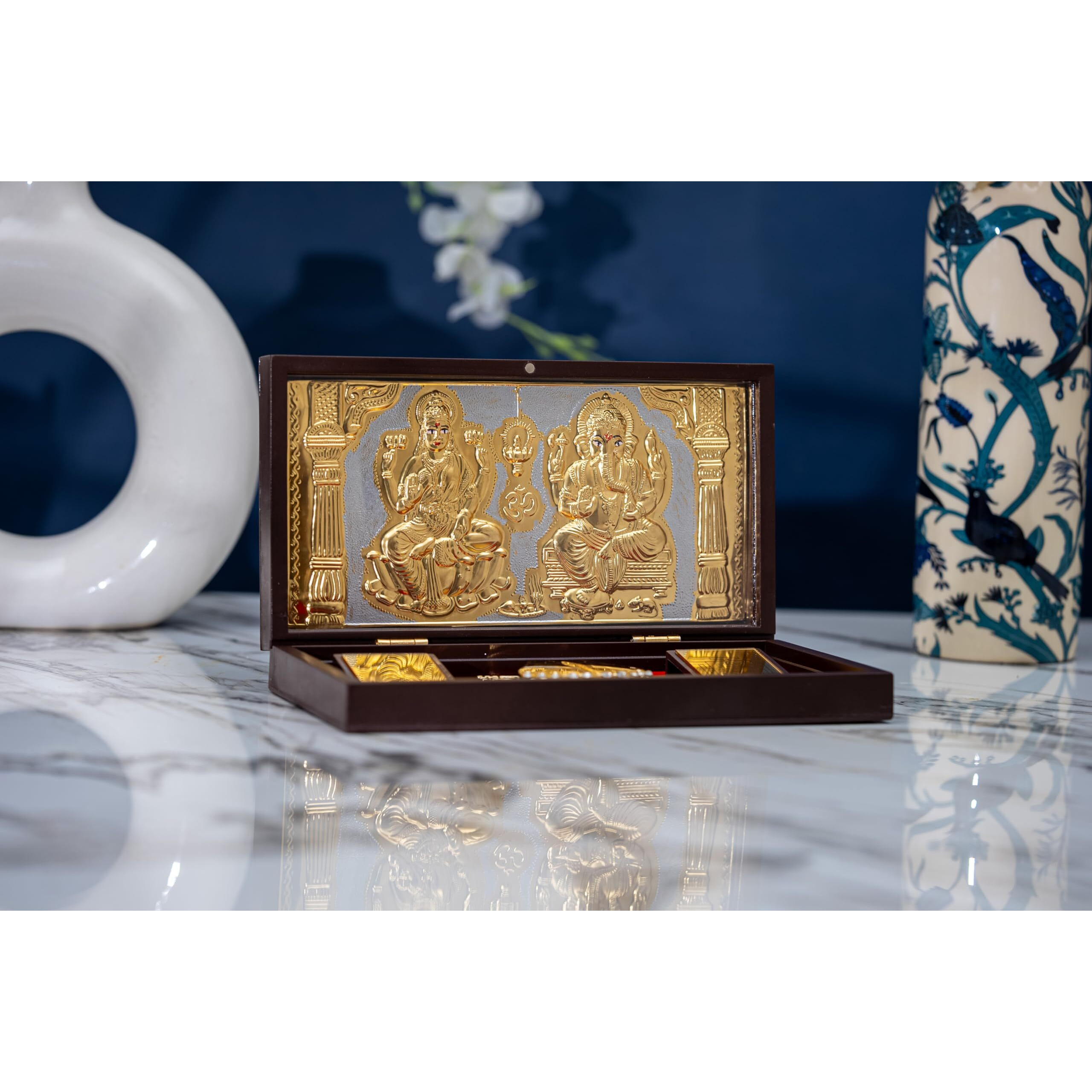Idolkart Copper Pure Gold Coated Ganesh Laxmi For Diwali Pooja Box - Premium Gold Laxmi Ganesh For Diwali Pooja Box - Auspicious Pocket Temple With Charan Paduka (4 * 8 Inches)