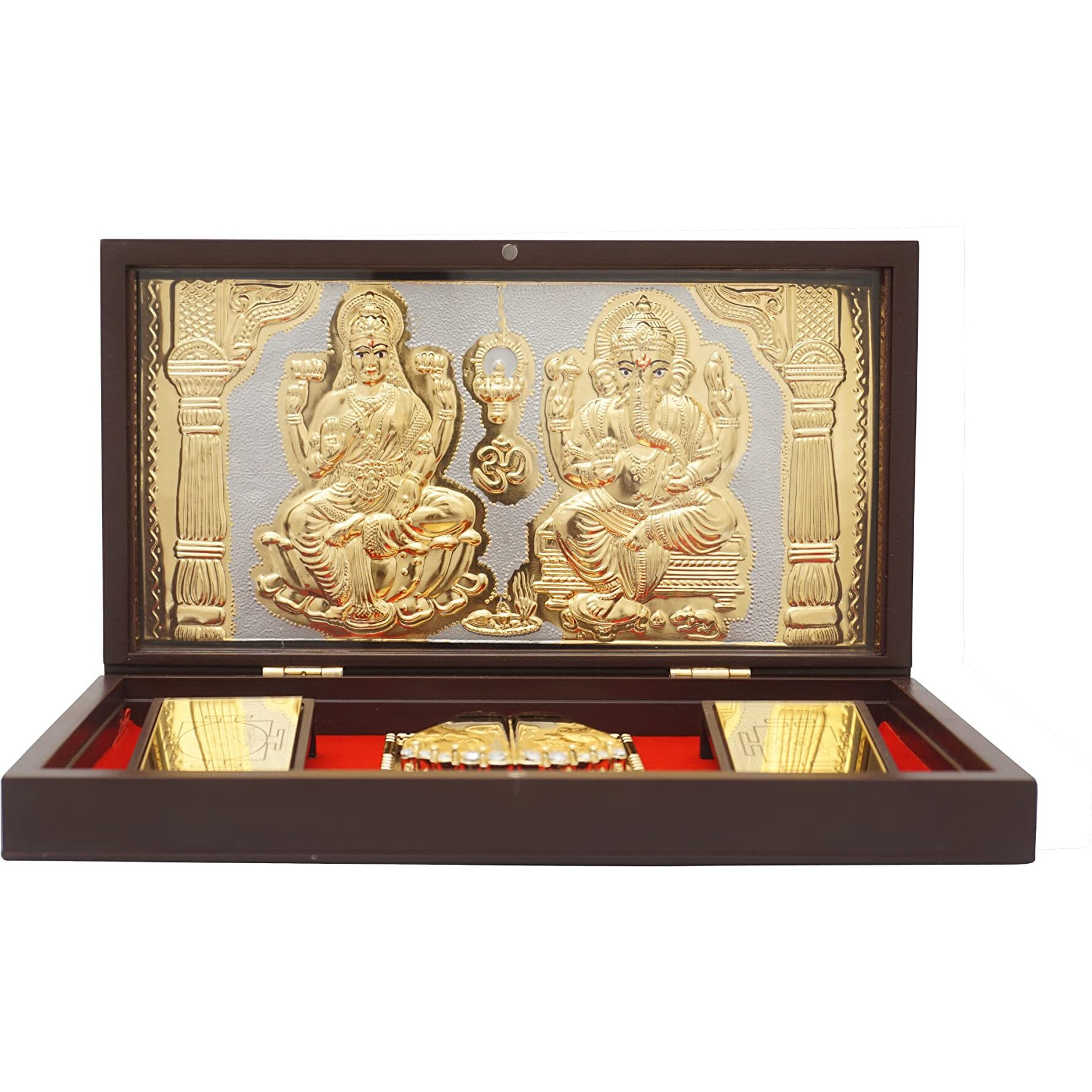 Idolkart Copper Pure Gold Coated Ganesh Laxmi For Diwali Pooja Box - Premium Gold Laxmi Ganesh For Diwali Pooja Box - Auspicious Pocket Temple With Charan Paduka (4 * 8 Inches)